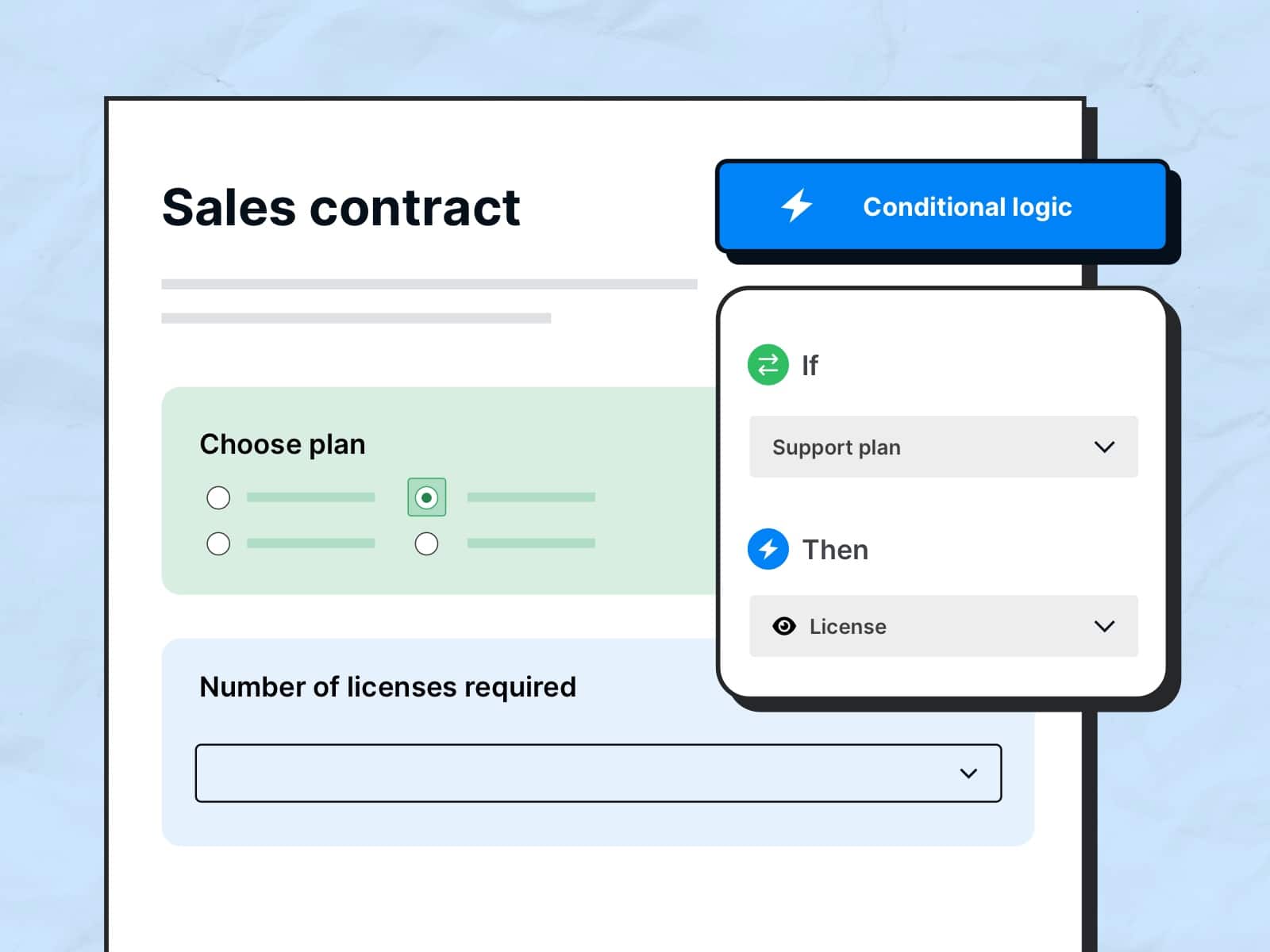 Representation of a purchase agreement with visibility rules based on logic, including selection options and conditions, set against a light blue background.