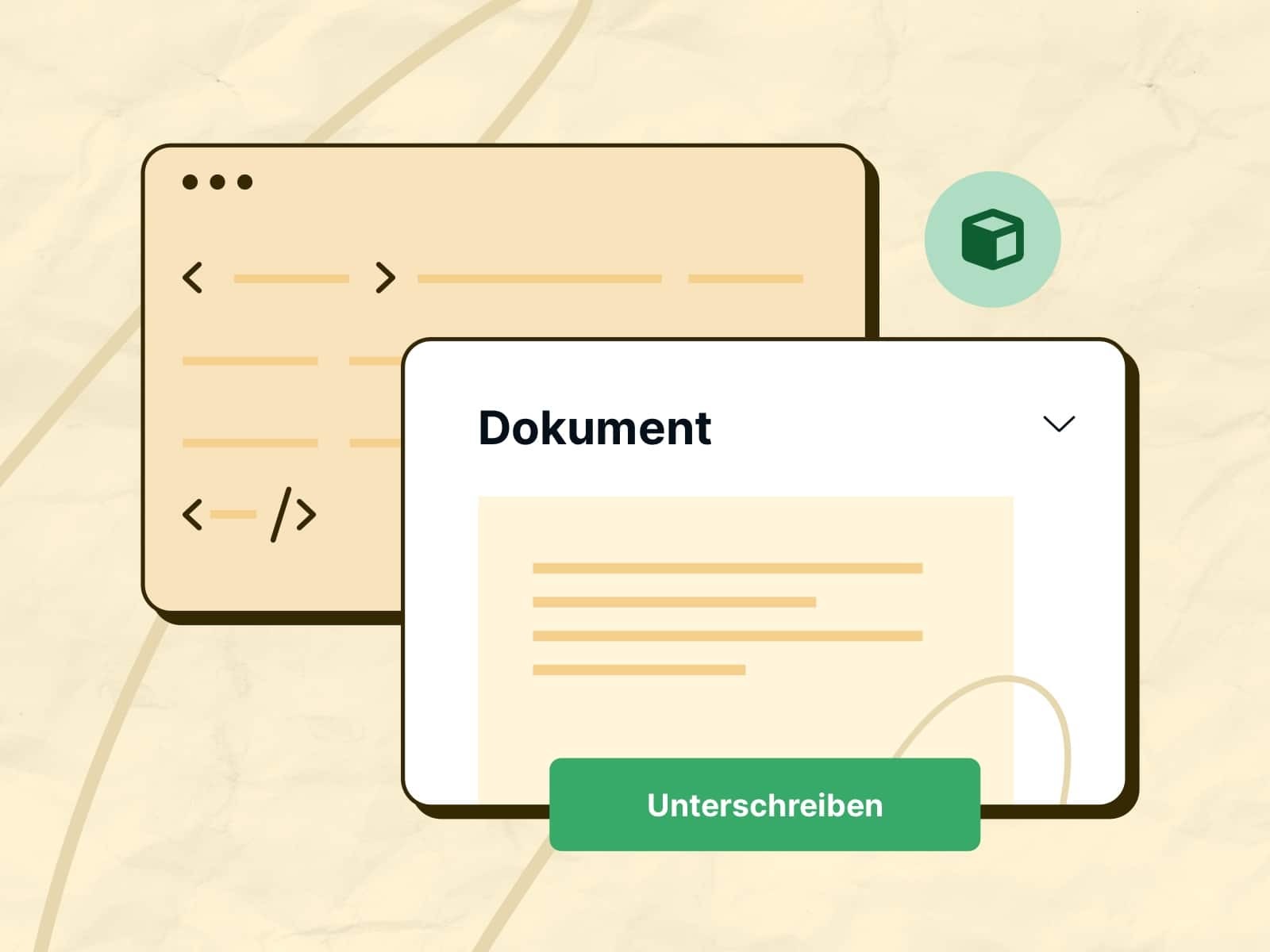 Illustration eines digitalen Dokumenten-Workflows mit API-Integration. Ein digitales Dokument mit der Überschrift „Dokument“ und einem grünen „Unterschreiben“-Button wird neben einem Code-Interface dargestellt, was die nahtlose Integration in bestehende Systeme symbolisiert.