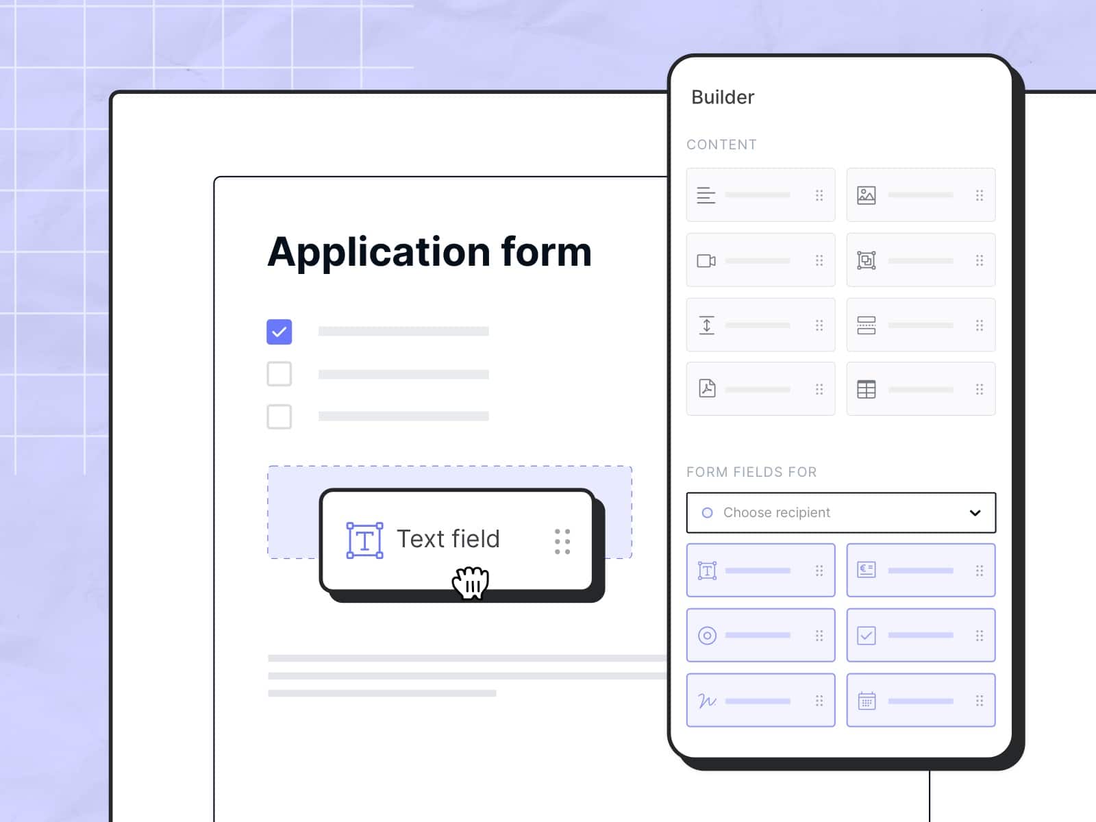 Illustration of a digital application form with a drag-and-drop builder for customizing form fields, displayed on a light blue background.