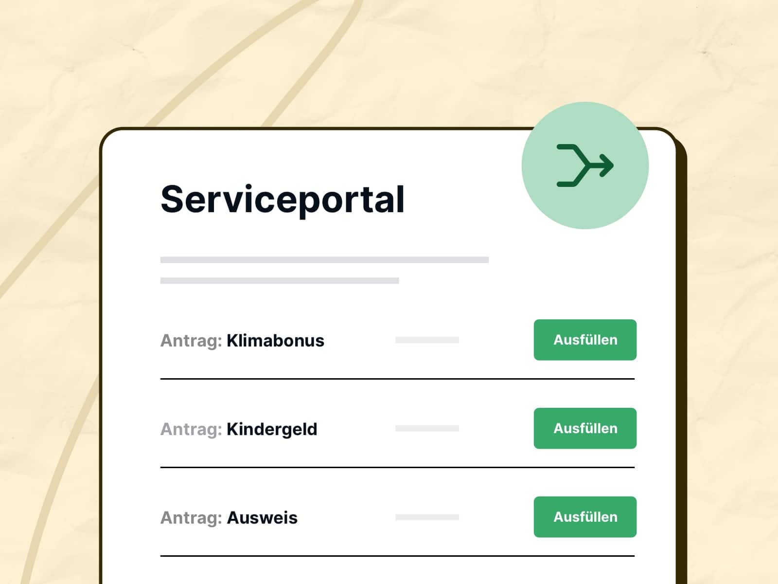 Illustration eines digitalen Serviceportals mit verschiedenen Antragsoptionen, darunter Klimabonus, Kindergeld und Ausweis, auf einem beigen Hintergrund.
