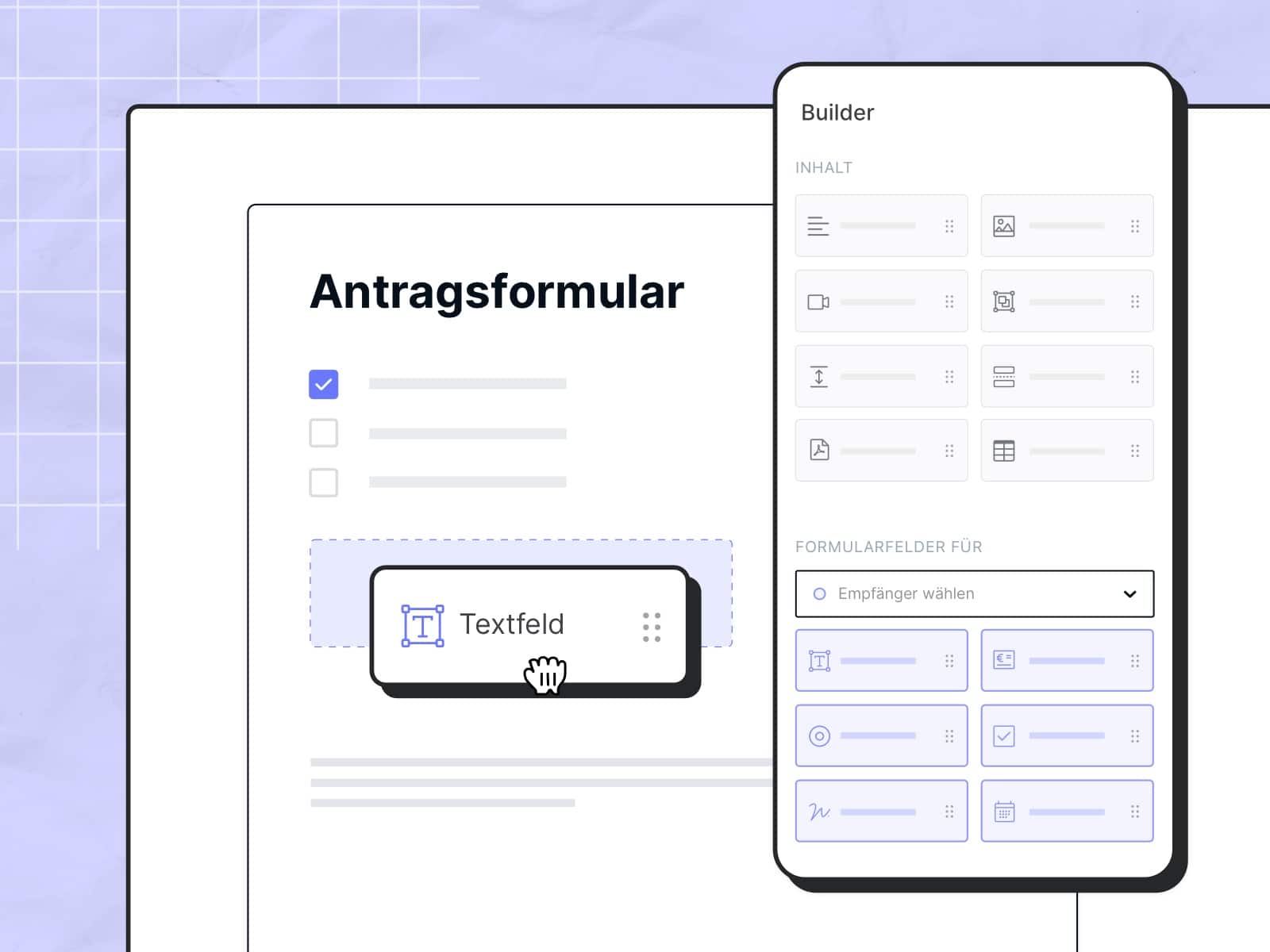 Illustration eines digitalen Antragsformulars mit Drag-and-Drop-Builder zur individuellen Anpassung von Formularfeldern, dargestellt auf einem hellblauen Hintergrund.