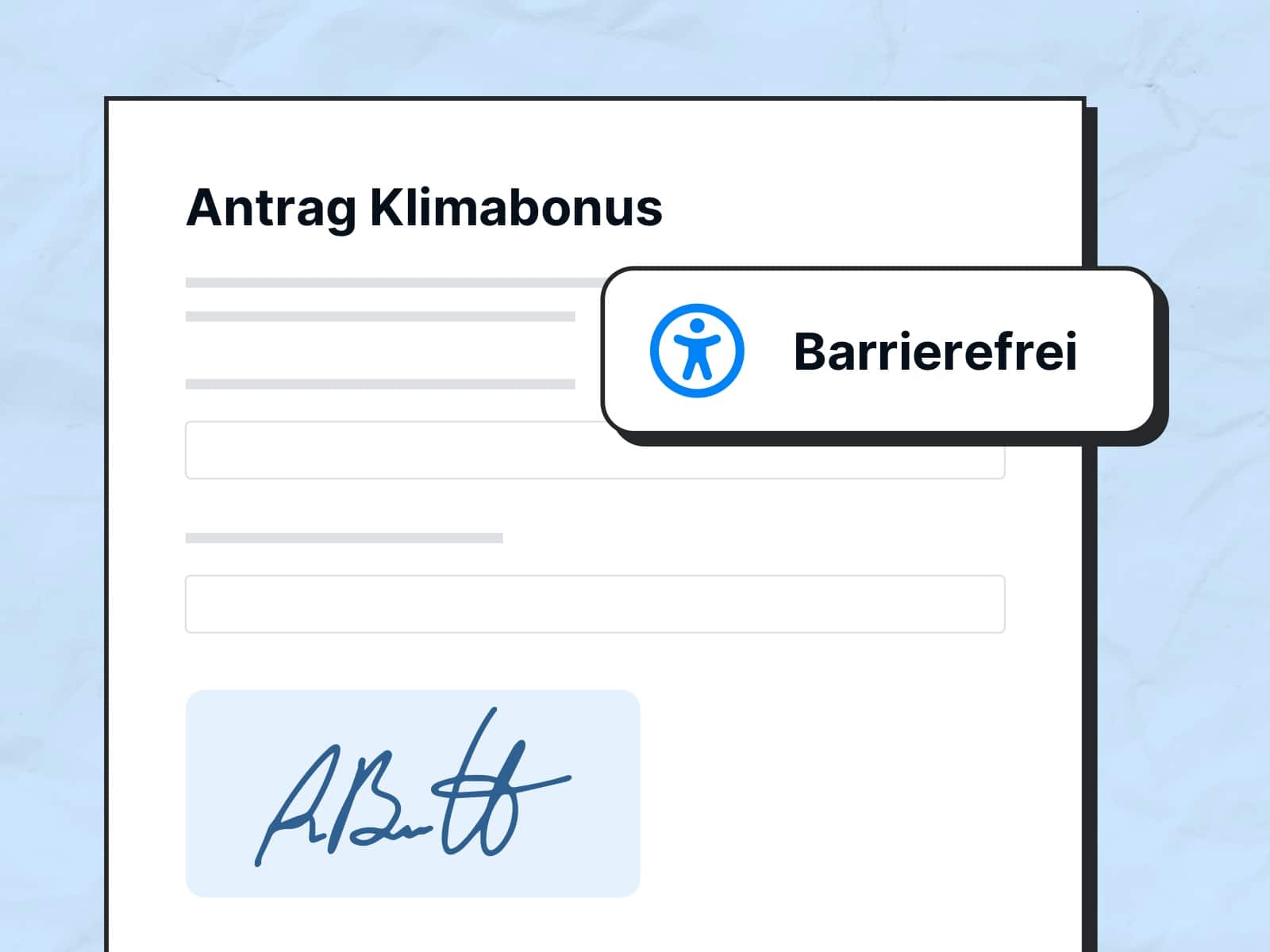 Illustration eines barrierefreien digitalen Antragsformulars für den Klimabonus mit elektronischer Signatur auf einem hellblauen Hintergrund.