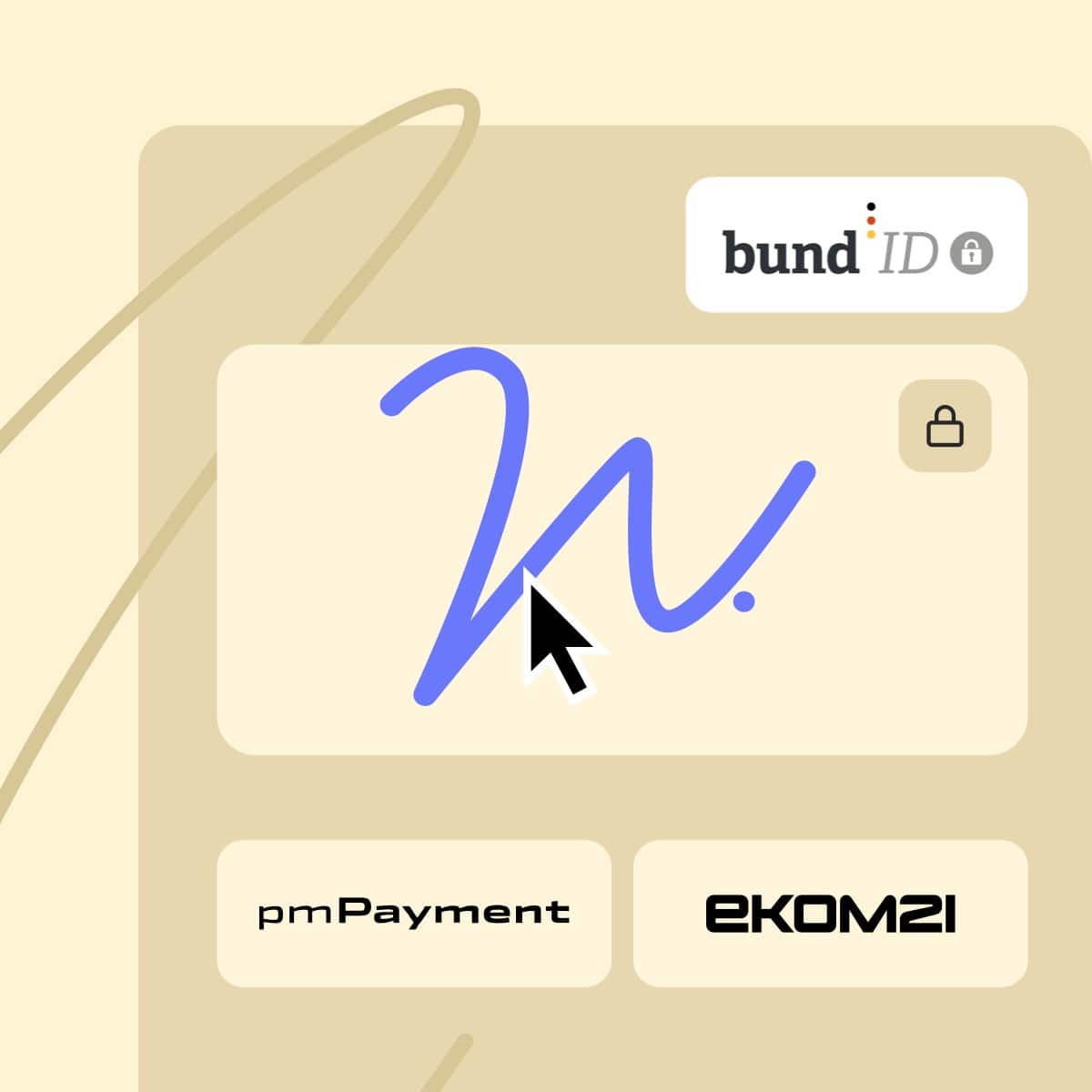 Illustration einer sicheren digitalen Signatur mit BundID-Integration und Zahlungsoptionen von pmPayment und EKOM21 auf beigem Hintergrund.