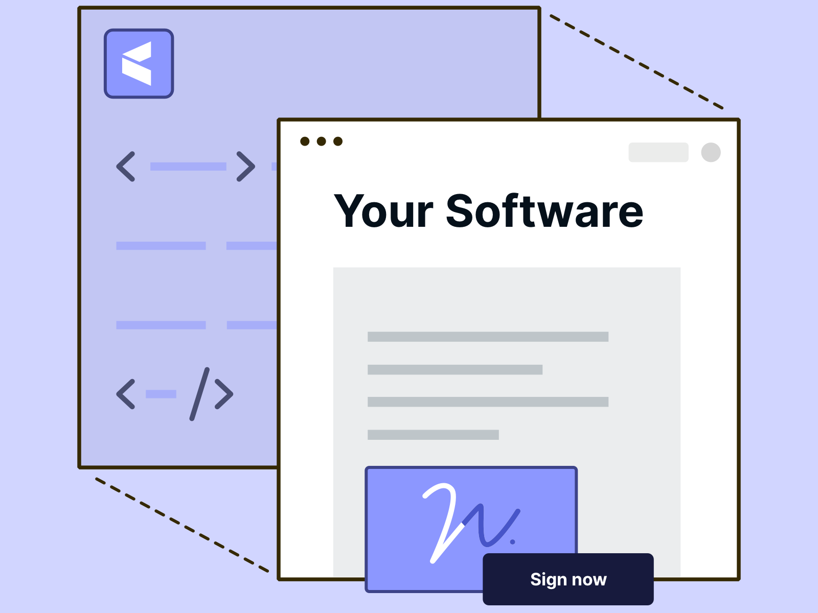 Illustration of a software integration: In the foreground, a document window with the heading “Your software” and a digital signature area with a “Sign” button. In the background, code and a symbol for API integration. The illustration shows the integration of an electronic signature function into existing software.