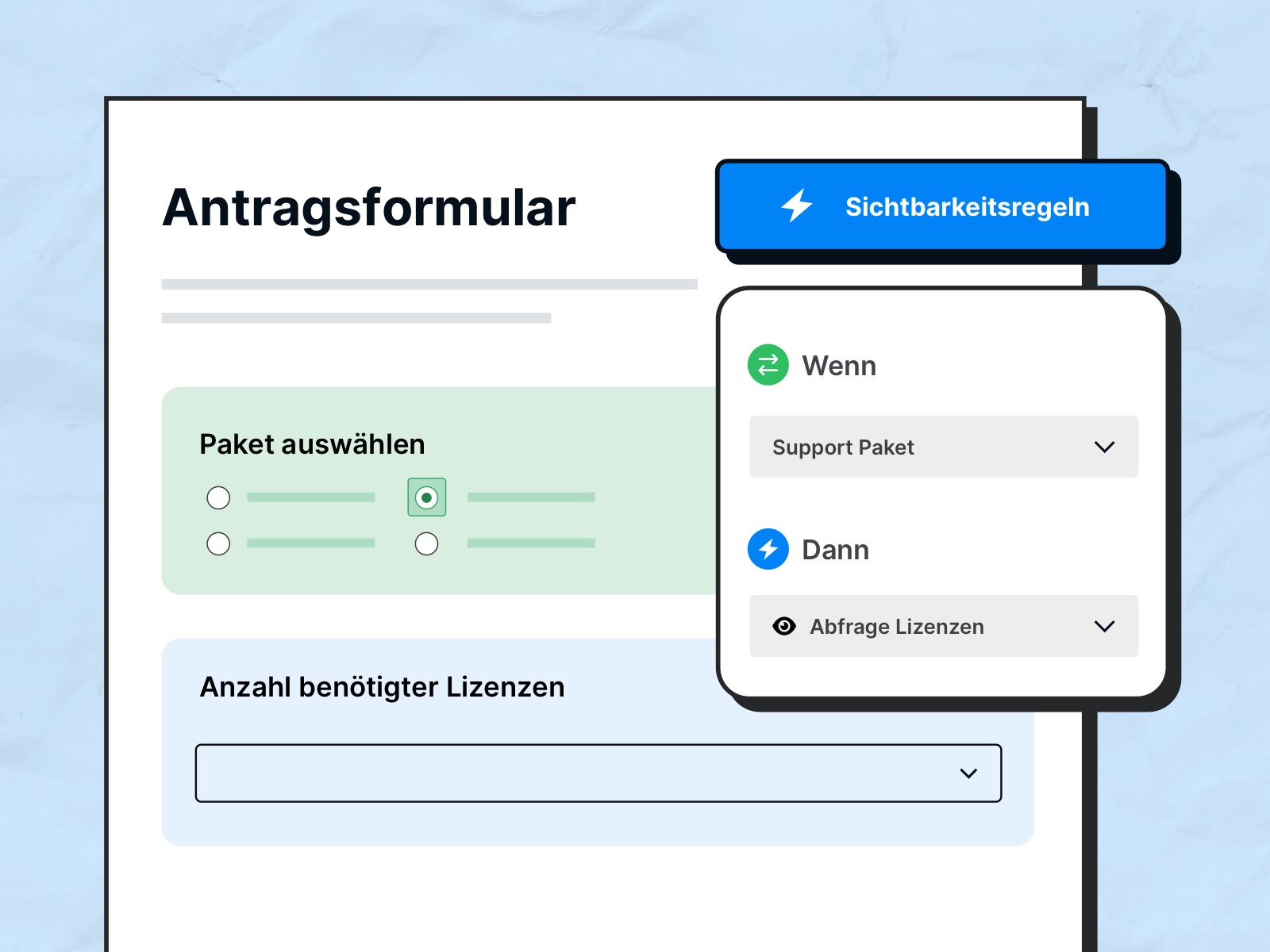 Deutsches Antragsformular mit Sichtbarkeitsregeln – je nach gewähltem Support-Paket erscheint das Feld zur Lizenzabfrage.