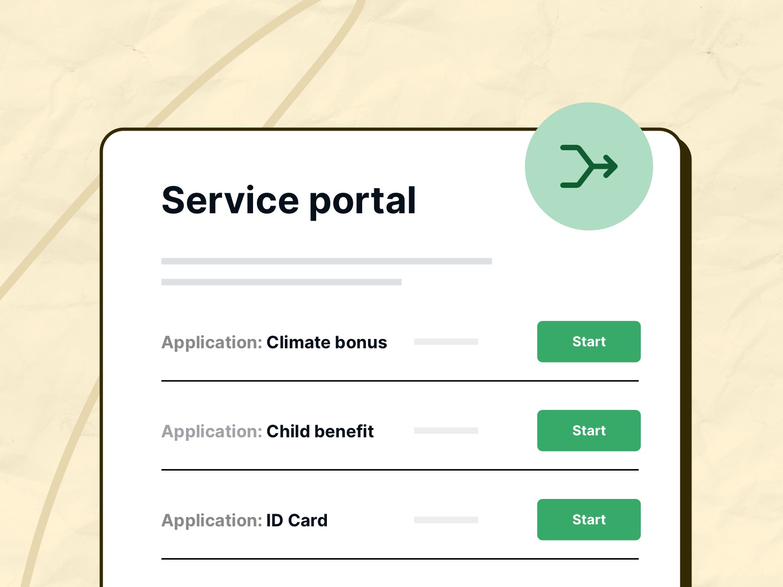 User interface of a digital service portal showing applications like Climate Bonus, Child Benefit, and ID Card – each with a green "Start" button.
