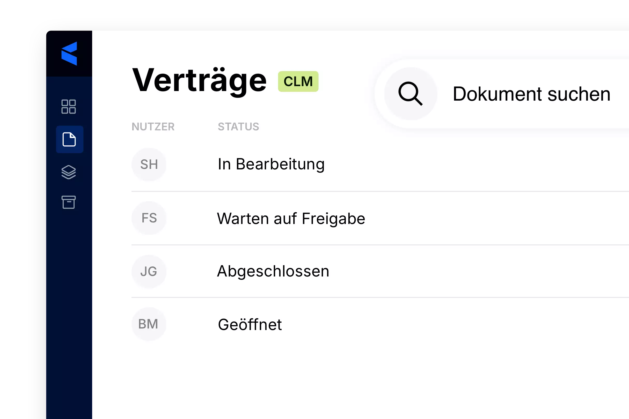 Benutzeroberfläche für Vertragsmanagement (CLM) mit Vertragsstatus wie In Bearbeitung, Warten auf Freigabe, Abgeschlossen und Geöffnet.