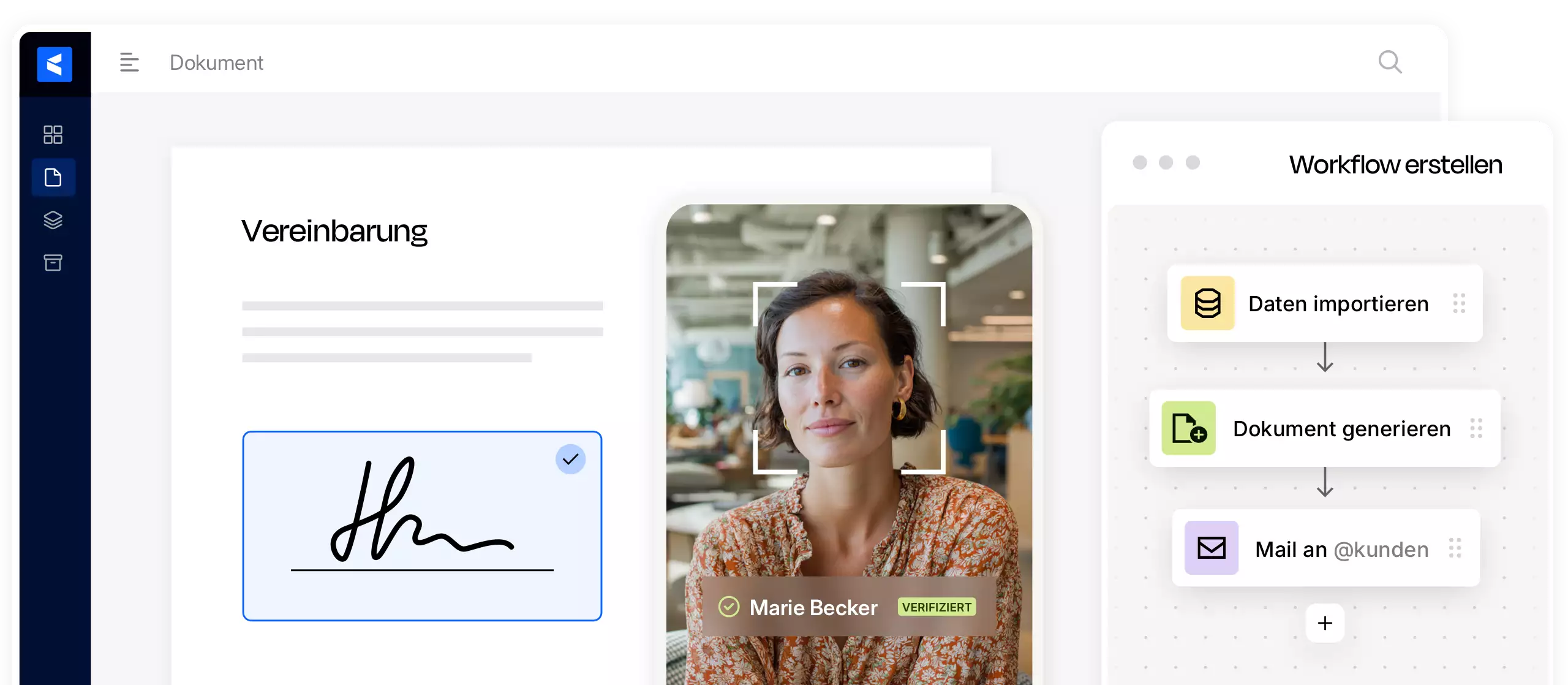 Digitale Vertragsunterzeichnung mit Gesichtserkennung und automatisierten Workflows (Datenimport, Dokumentenerstellung, E-Mail-Versand). Qualifizierte elektronische Signatur