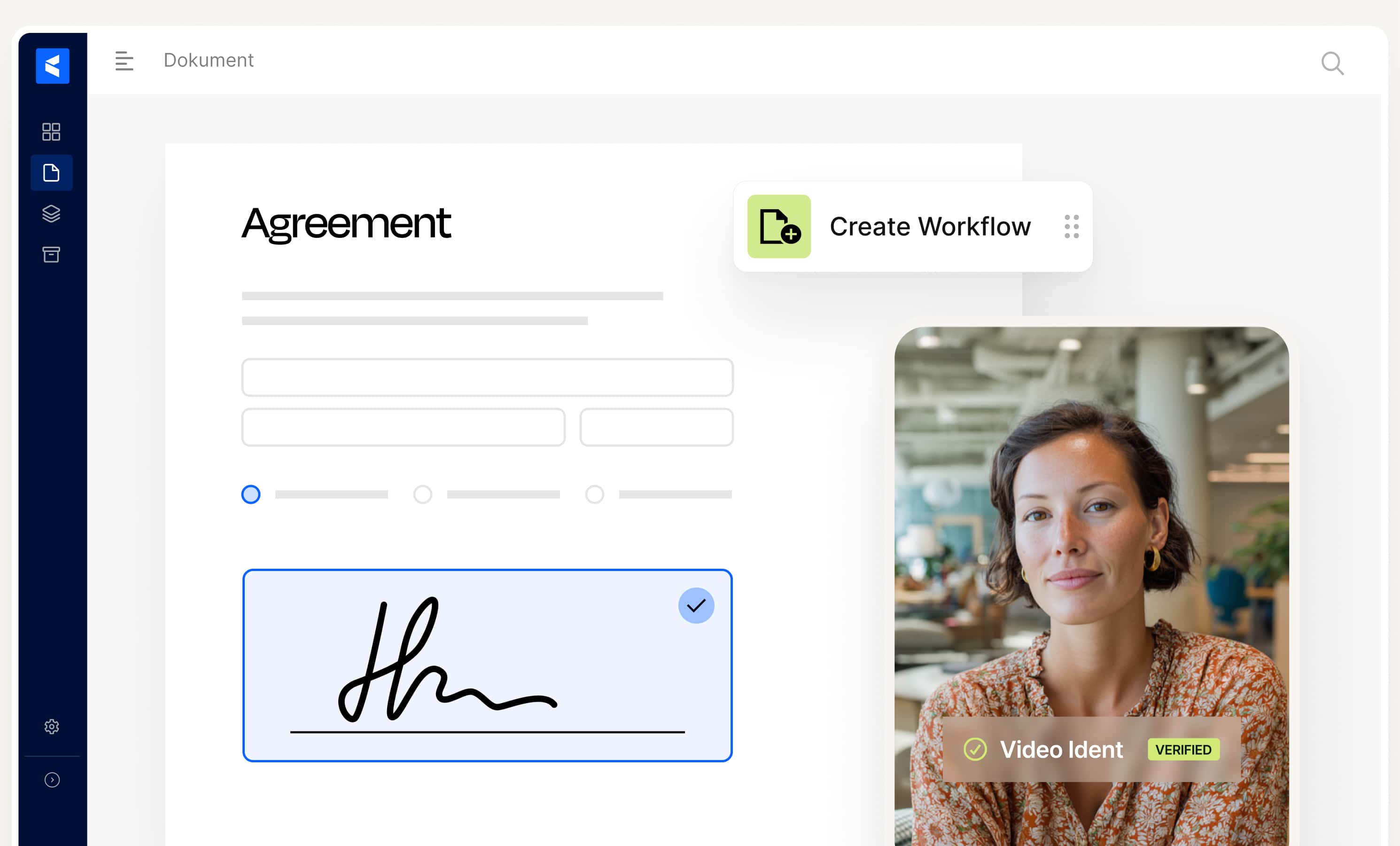Digitale Vertragsunterzeichnung mit Gesichtserkennung und automatisierten Workflows (Datenimport, Dokumentenerstellung, E-Mail-Versand). Qualifizierte elektronische Signatur