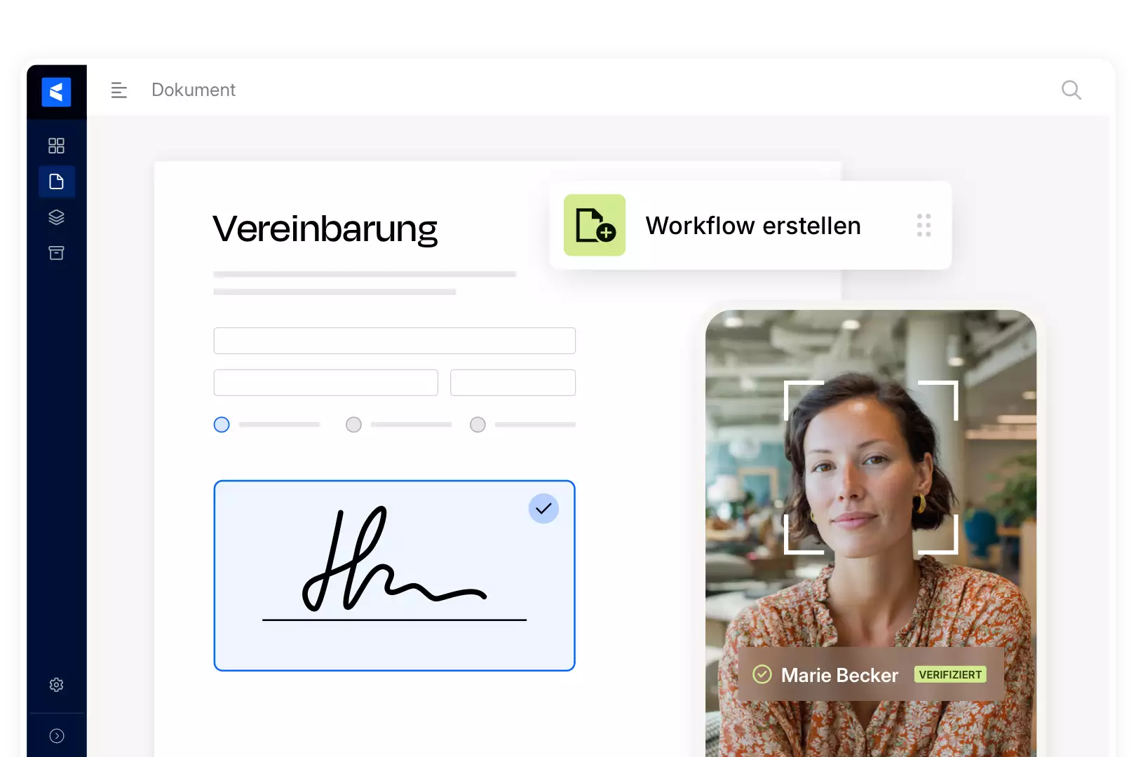 Digitale Vertragsunterzeichnung mit Gesichtserkennung und automatisierten Workflows (Datenimport, Dokumentenerstellung, E-Mail-Versand). Qualifizierte elektronische Signatur