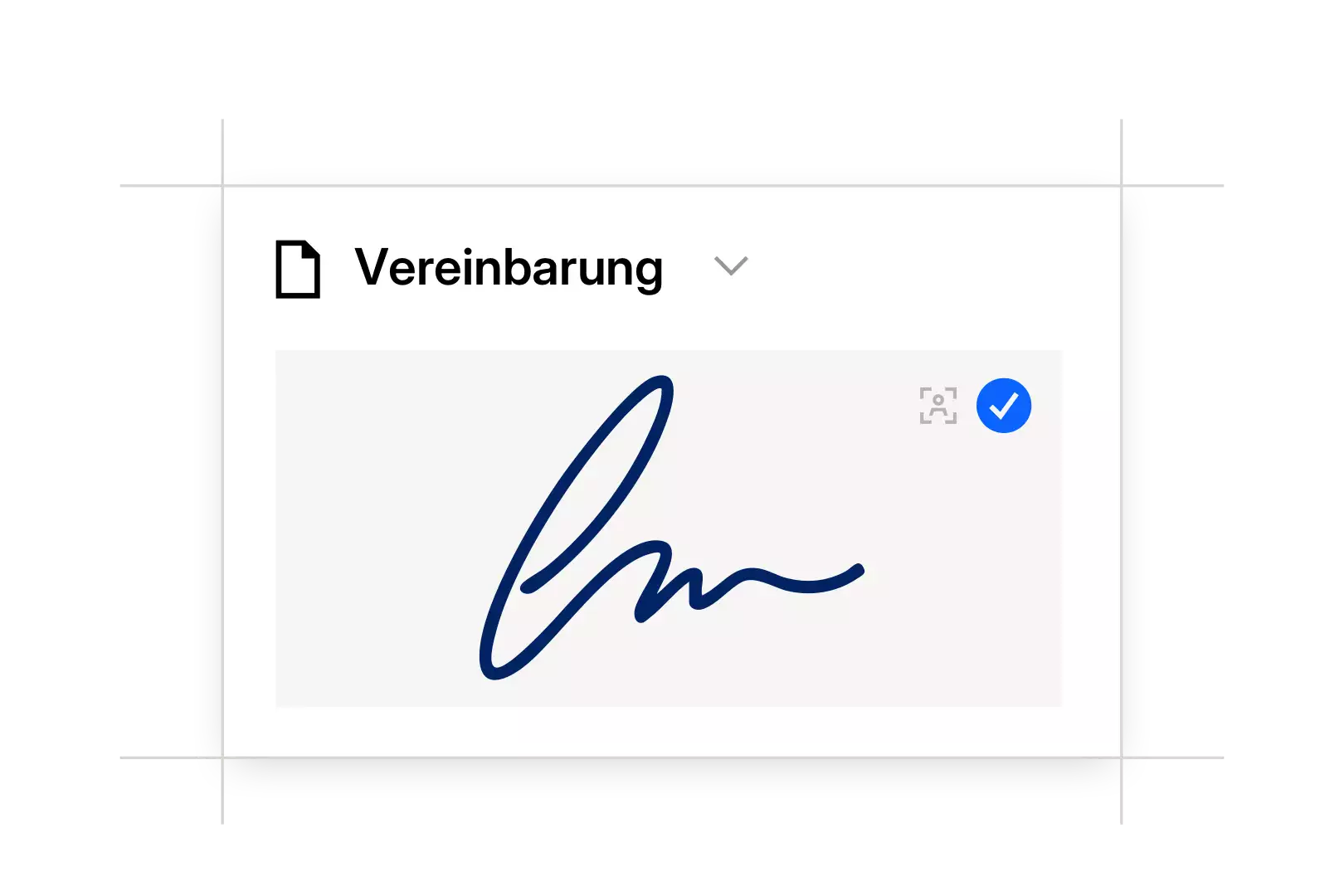 Digitale Benutzeroberfläche mit Unterschriftsfeld und blauem Häkchen – Symbol für abgeschlossene elektronische Signatur eines digitalen Dokuments.
