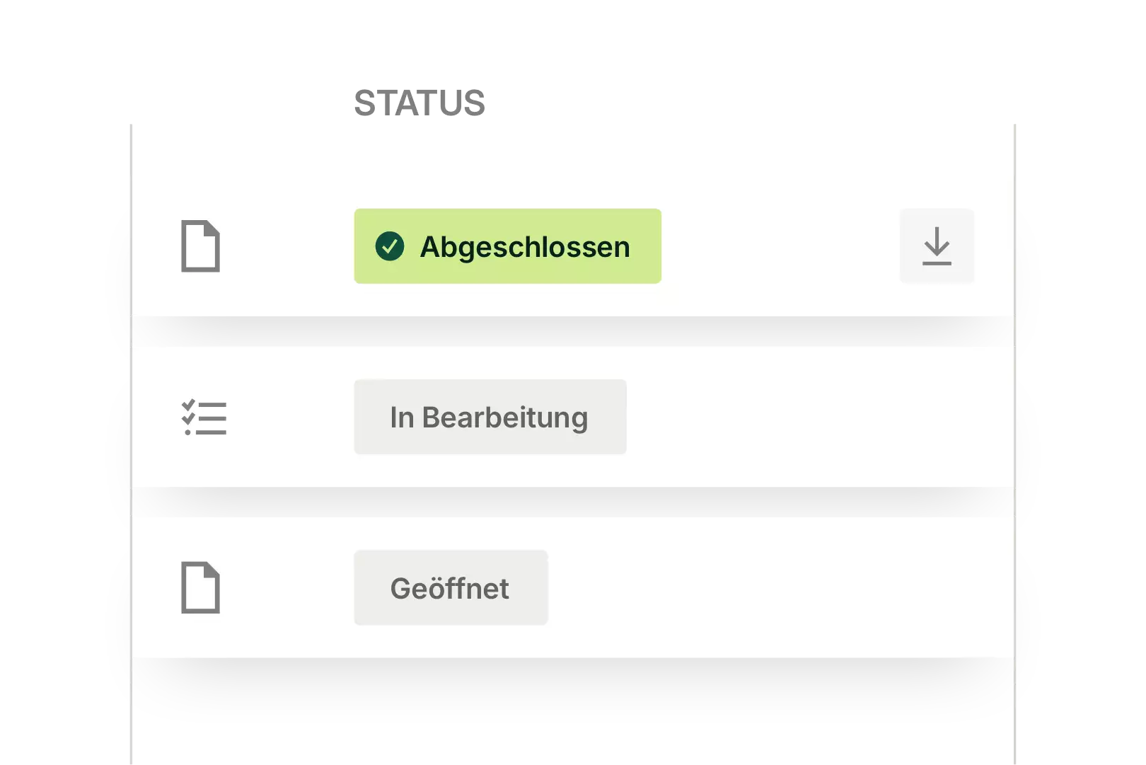 Digitale Statusübersicht mit den Markierungen „Completed“, „In progress“ und „Opened“ – Symbol für transparentes Vertrags- und Dokumentenmanagement.