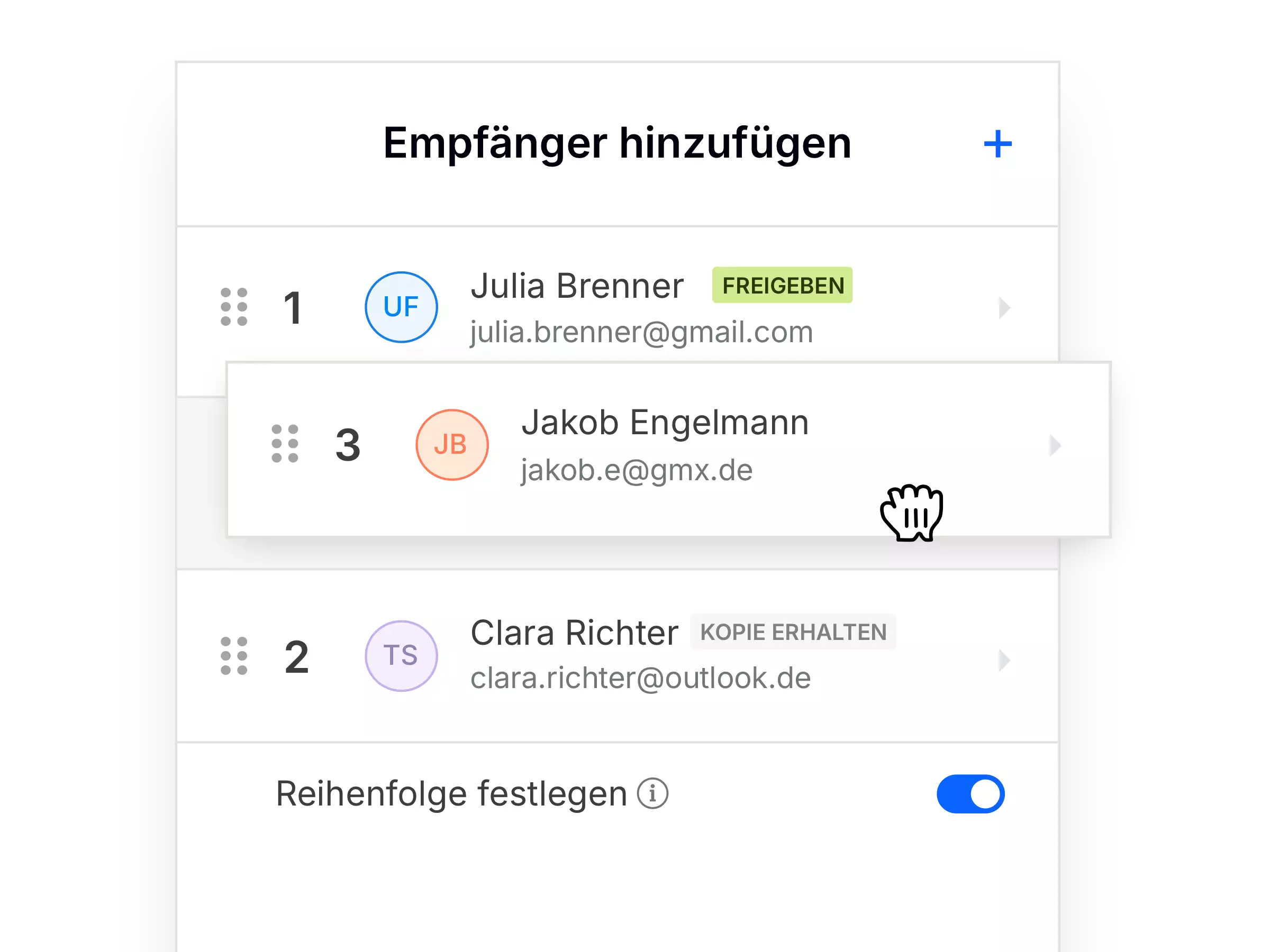 Benutzeroberfläche zeigt Empfängerliste mit unterschiedlichen Rollen wie „Approval“ und „Receive Copy“ – Symbol für flexible Steuerung von Signaturreihenfolgen im digitalen Workflow.