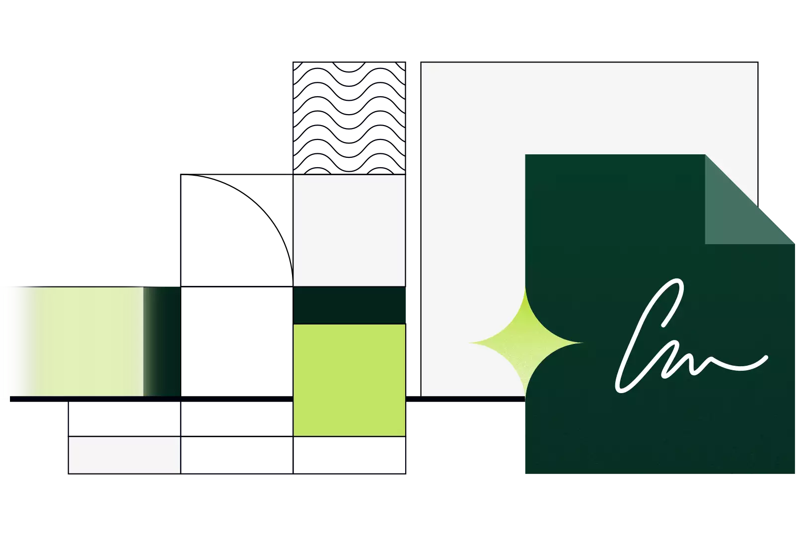 Illustration einer digital signierten, grünen Dokumentseite mit einem weißen Unterschriftsmuster und einem glänzenden Stern vor einem weißen Hintergrund.