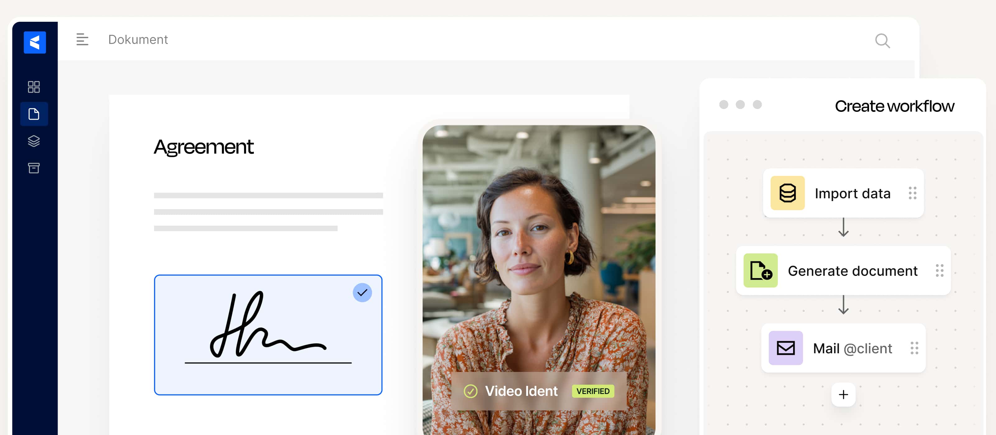Digital contract signing with facial recognition and automated workflows (data import, document creation, email dispatch). Qualified electronic signature