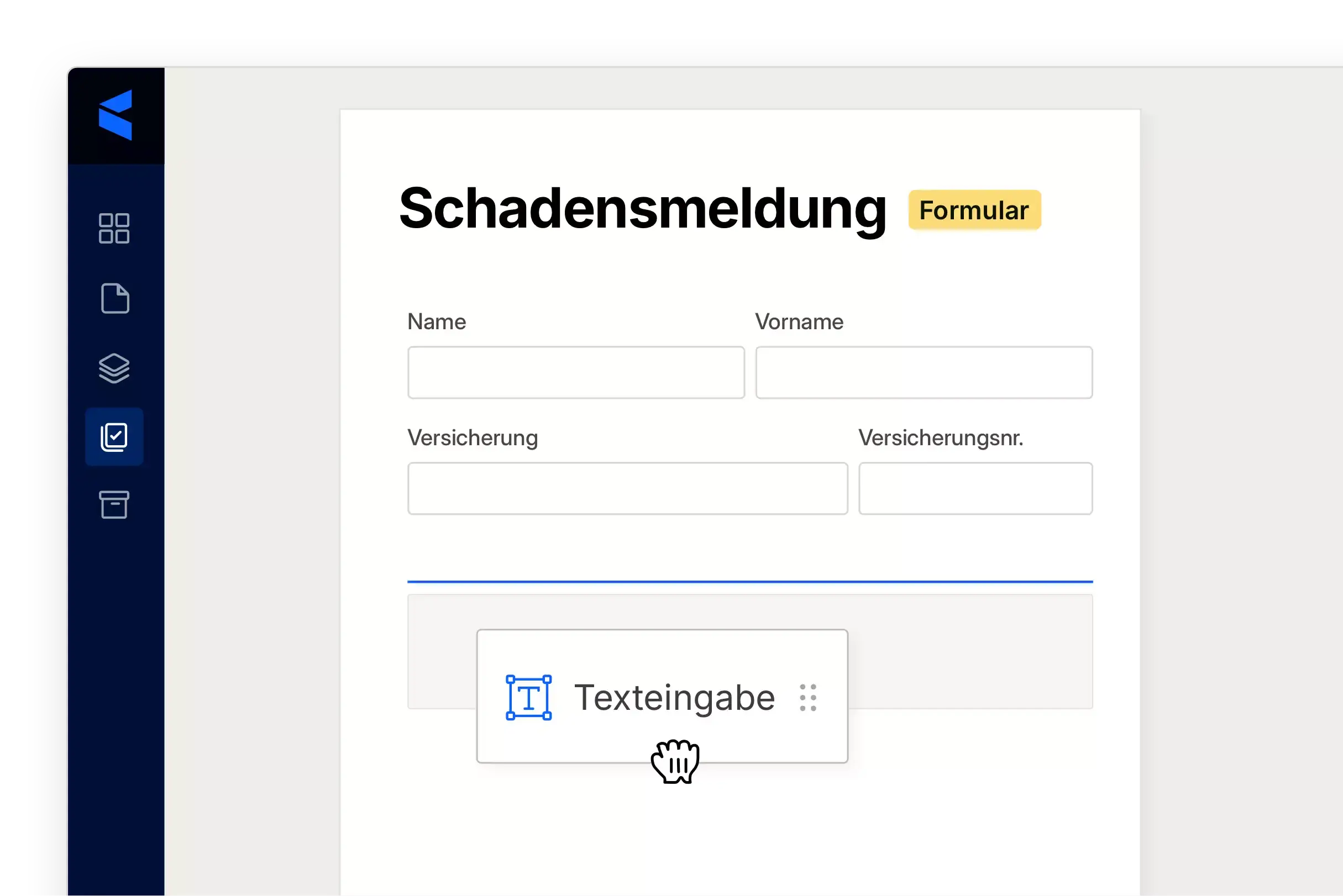 Digitales Schadensmeldungsformular mit Eingabefeldern für Name, Vorname, Versicherung und Versicherungsnummer, dazu ein markiertes Feld für Texteingabe.