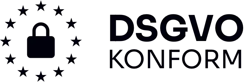 DSGVO konform Logo mit einem Vorhängeschloss umgeben von zwölf Sternen in Kreisform.