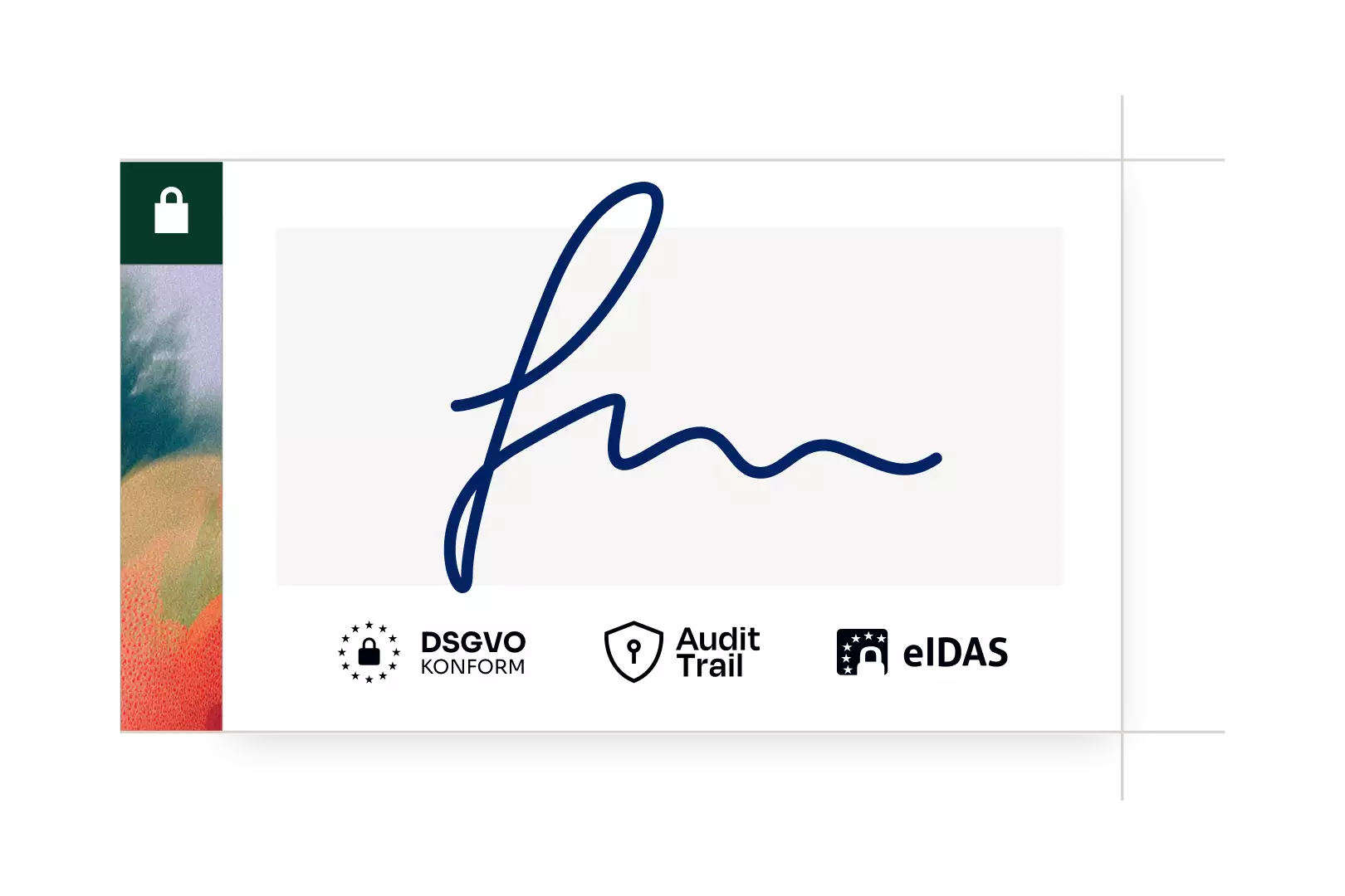 Digitale Unterschrift mit Symbolen für DSGVO-konform, Audit-Trail und eIDAS-Sicherheit.