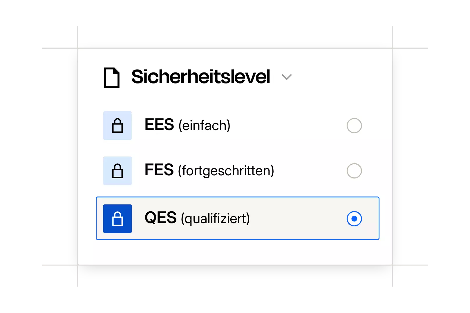 Auswahlmenü für Sicherheitslevel mit drei Optionen: EES (einfach), FES (fortgeschritten), QES (qualifiziert), wobei QES ausgewählt ist.