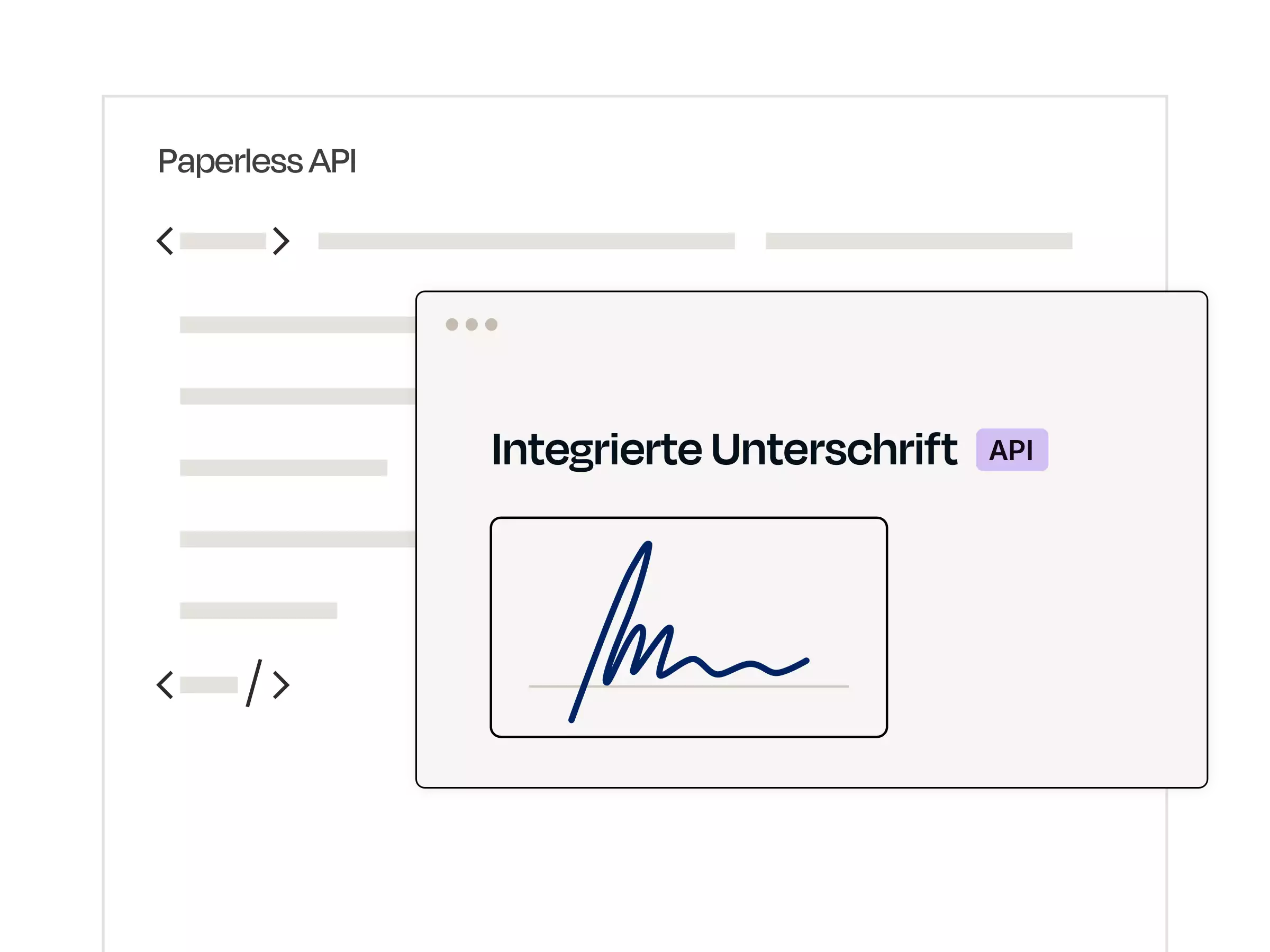 Benutzeroberfläche einer Paperless-API mit integriertem Unterschriftsbereich und einer blauen digitalen Unterschrift.
