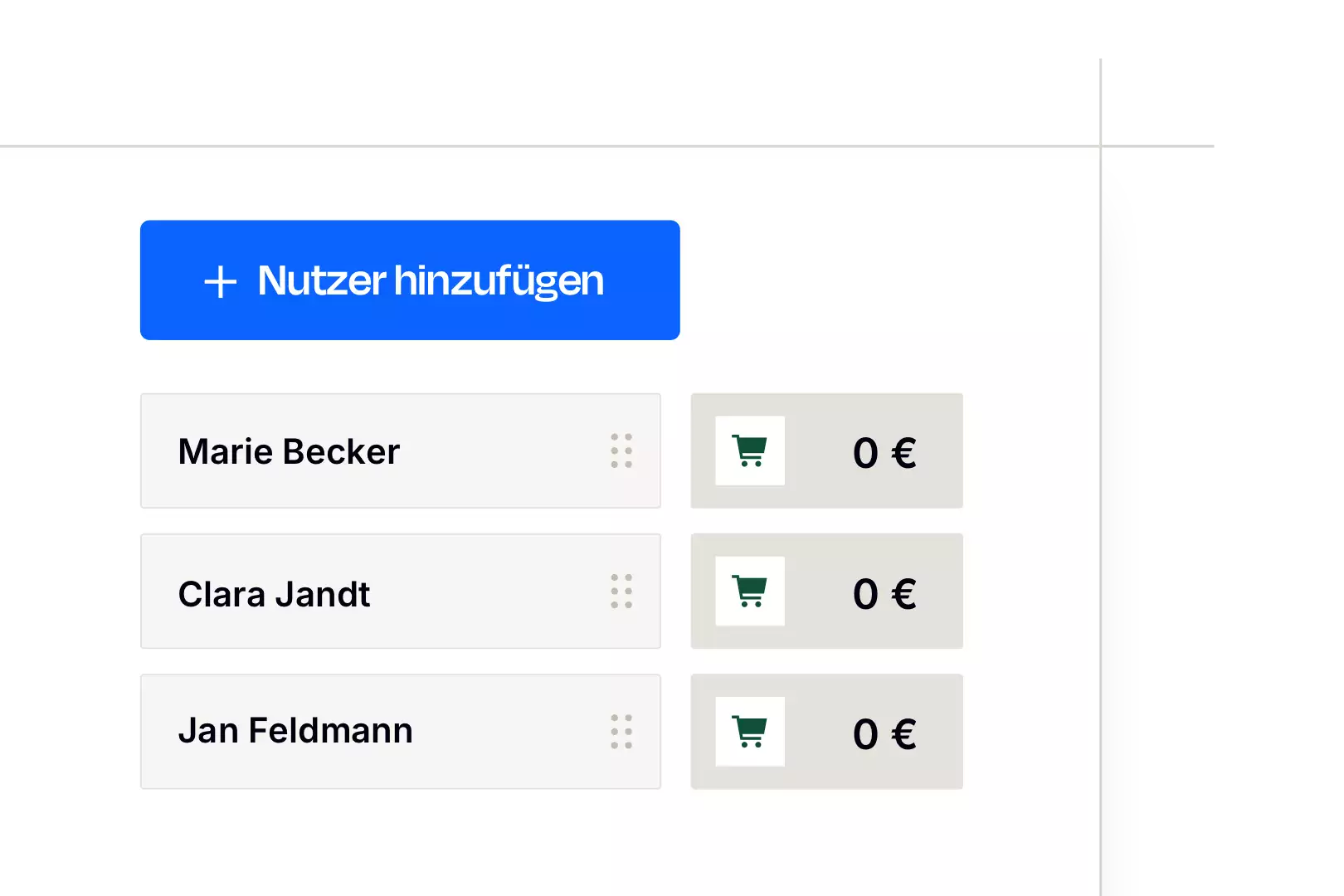 Benutzerliste mit den Namen Marie Becker, Clara Jandt und Jan Feldmann, jeweils mit Einkaufswagen-Symbol und 0 Euro, und einem blauen Button + Nutzer hinzufügen.