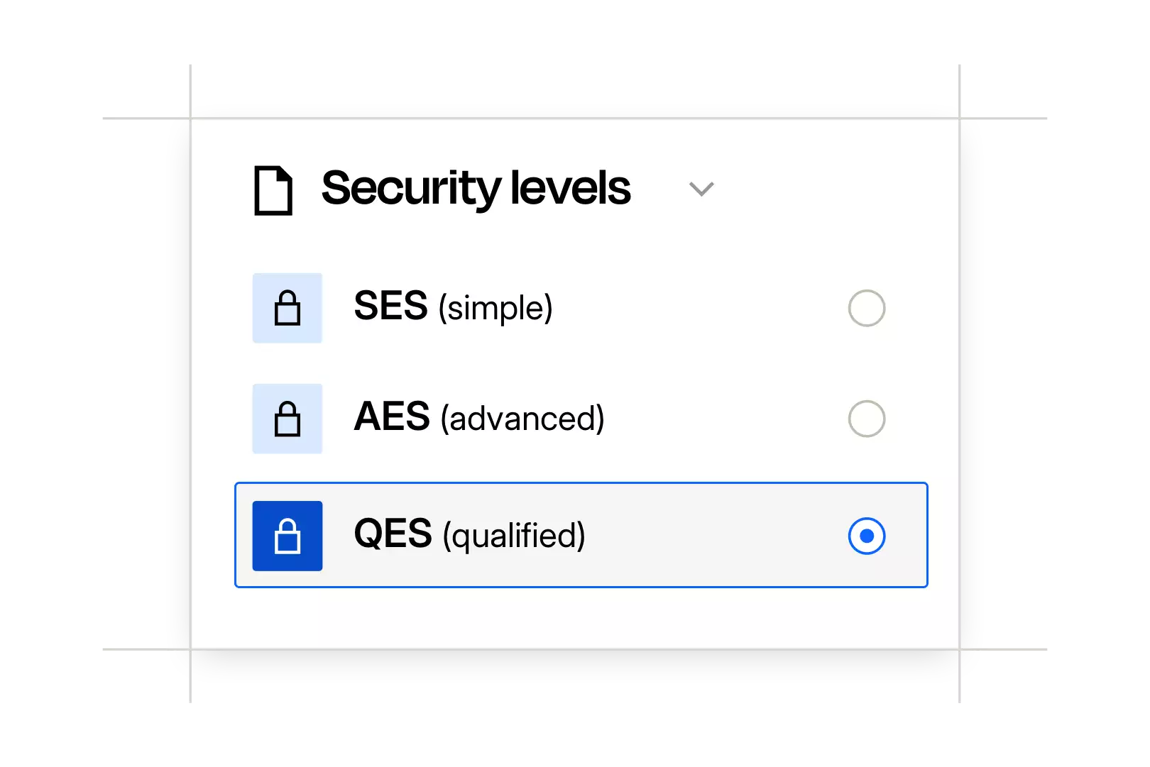 Selection of security levels with SES (easy), AES (advanced) and QES (qualified) options, with QES selected