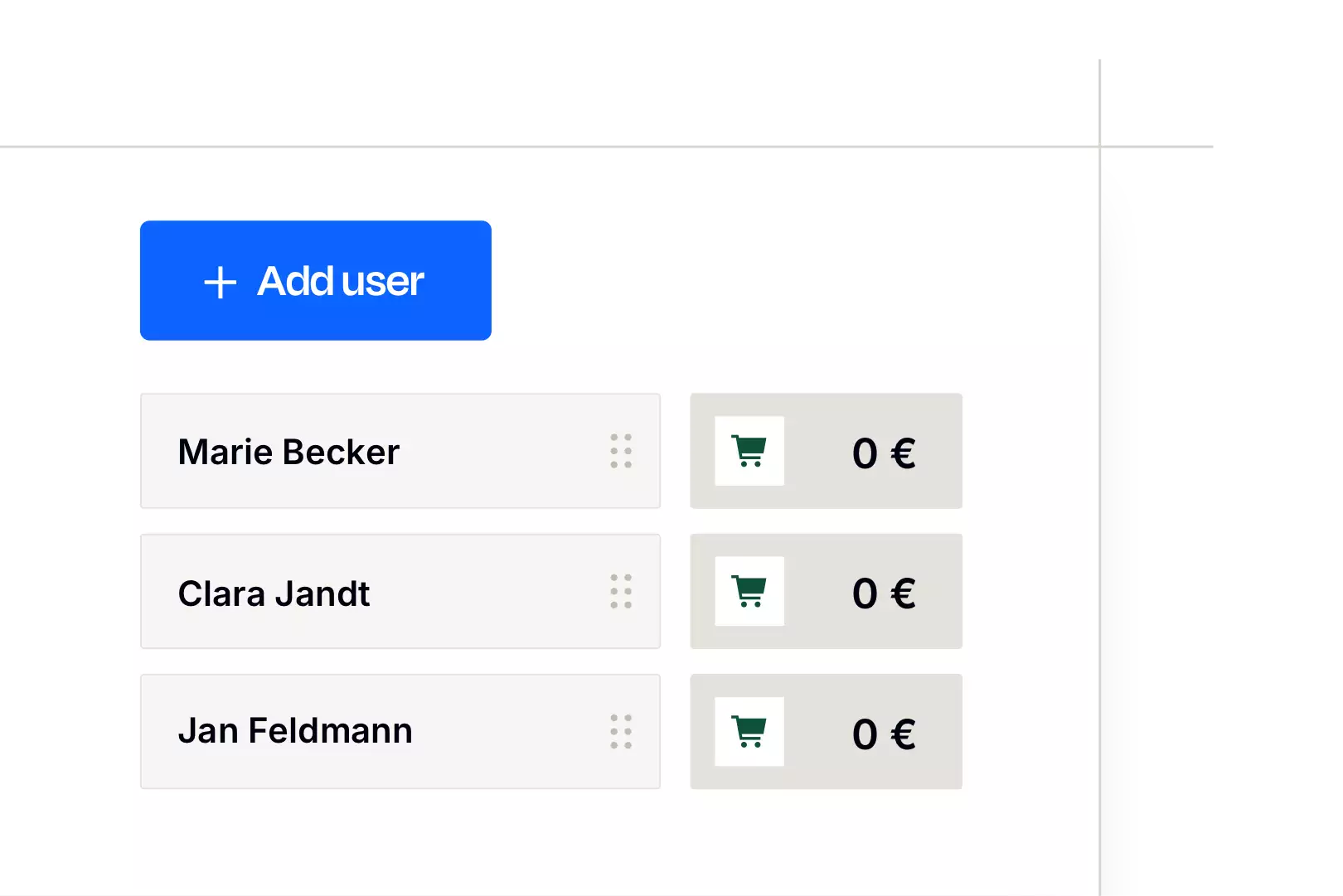 User list with the names Marie Becker, Clara Jandt, and Jan Feldmann, each with a shopping cart icon and a price of €0 next to it, plus a blue button to add a user.
