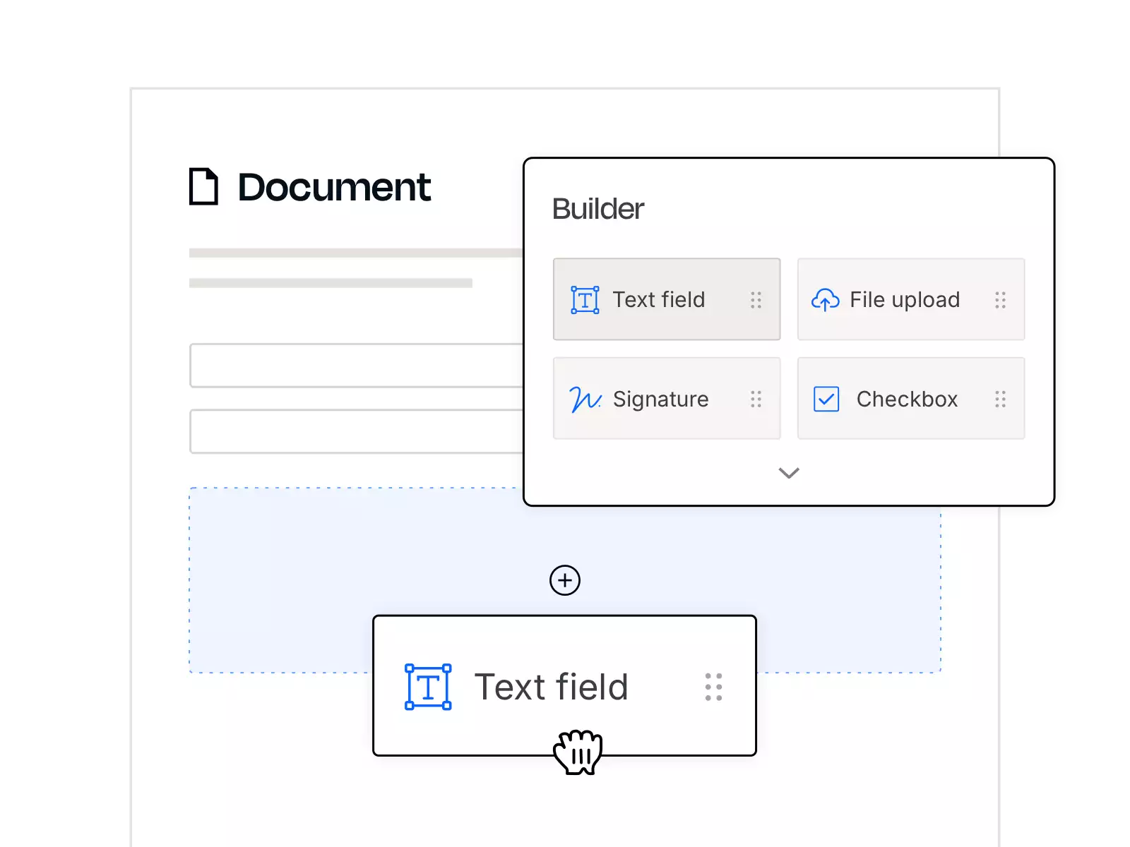 Document editor user interface with a builder menu to add text boxes, file uploads, signatures, and checkboxes.