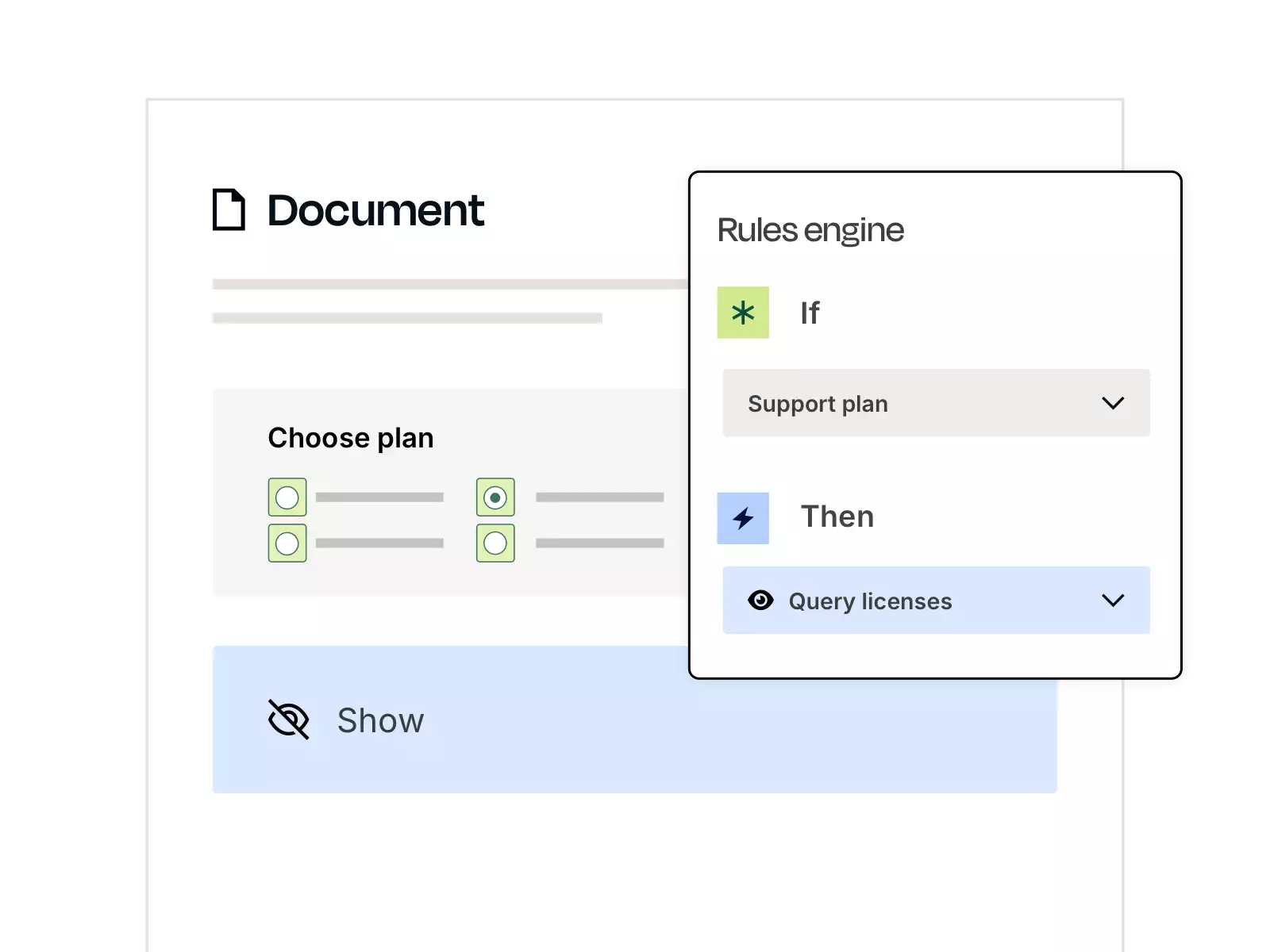 Document with selection field for plan and rule engine window, which shows an if-then condition for support plan and license query.