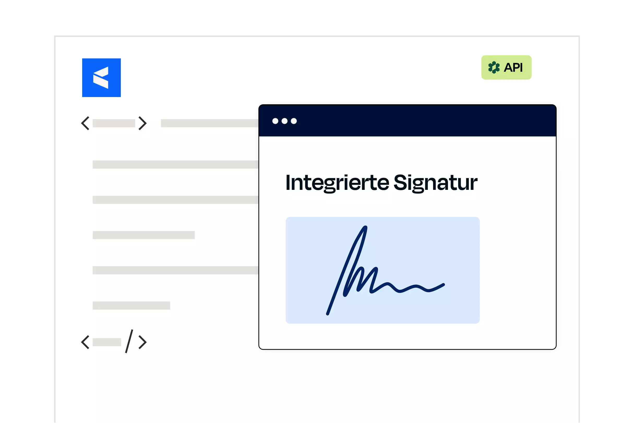 Webseiten-Screenshot zeigt ein Pop-up-Fenster mit der Überschrift ‚Integrierte Signatur‘ und einer blauen digitalen Unterschrift darunter.