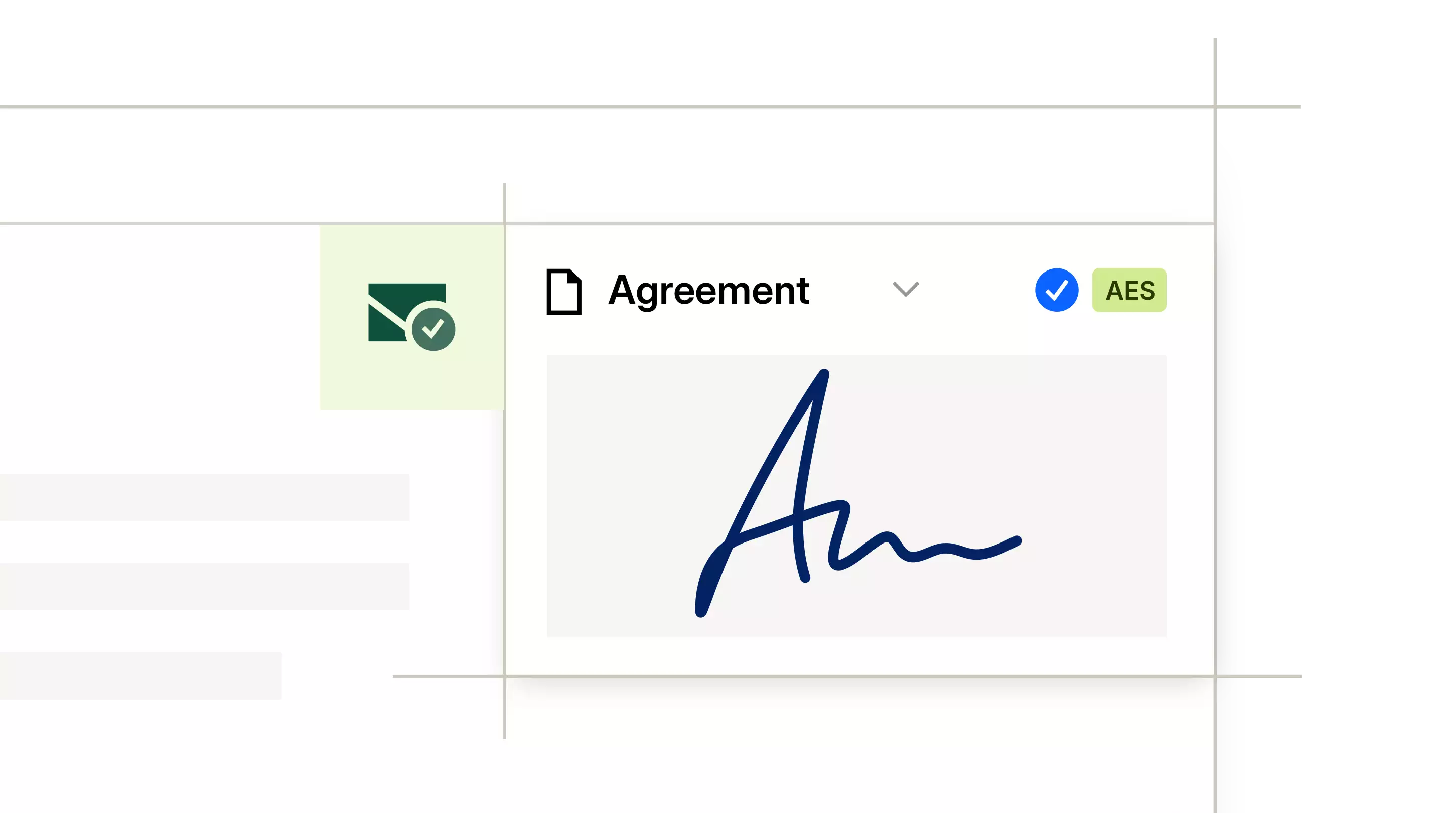 Digital display of an approved contract with a blue signature and an AES encryption icon.