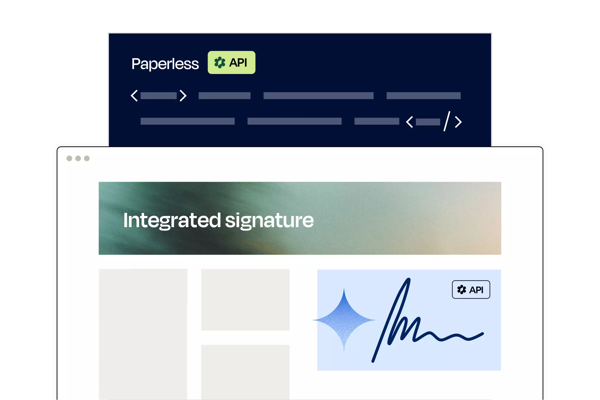 User interface with the text 'Integrated Signature' and digital signature with API icon.