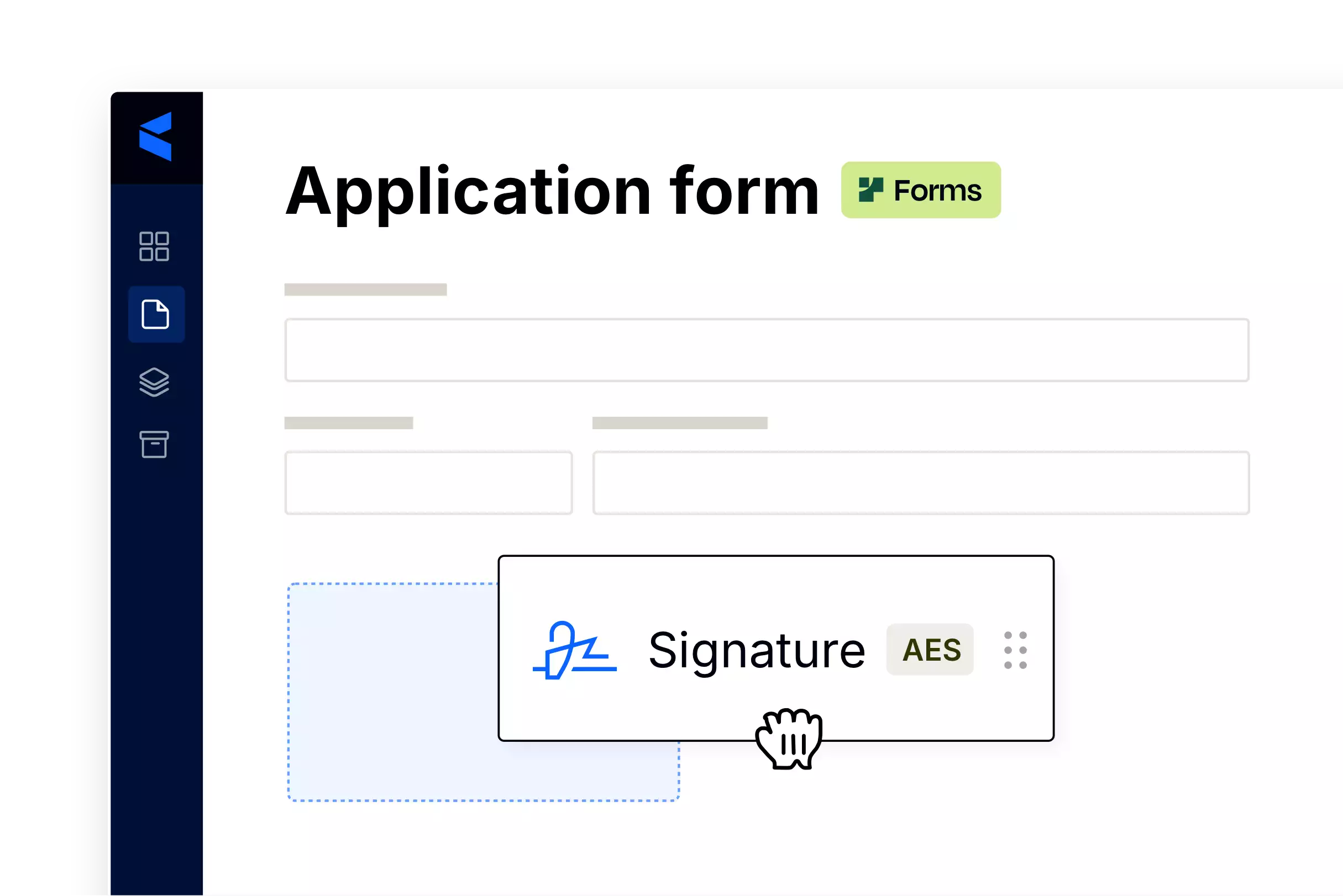 Digital application form page with a hand-drawn hand icon that draws a signature field with the label 'AES Signature. '