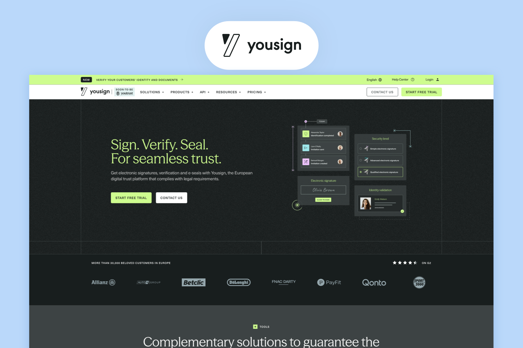 Display of yousign landingpage and logo