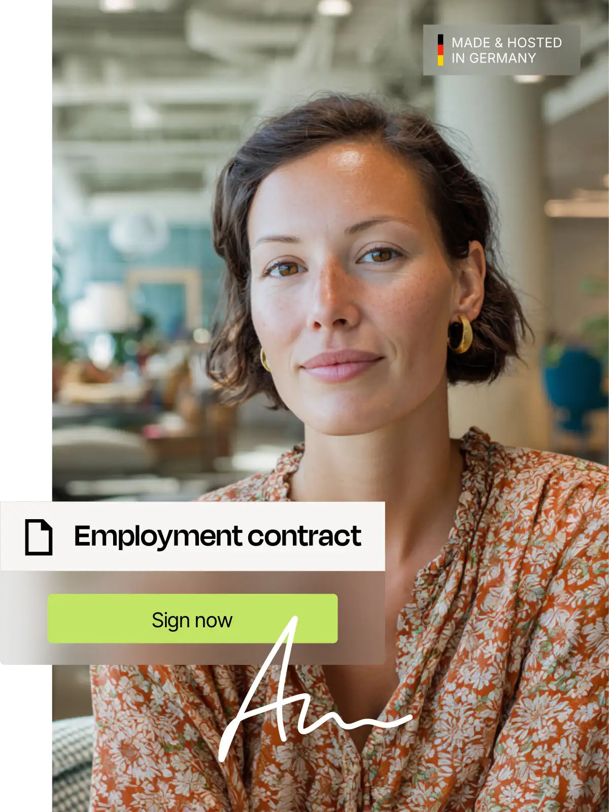 Woman with brown hair and a floral blouse in an office, next to a digital interface with an 'employment contract' and a green 'Sign' button.