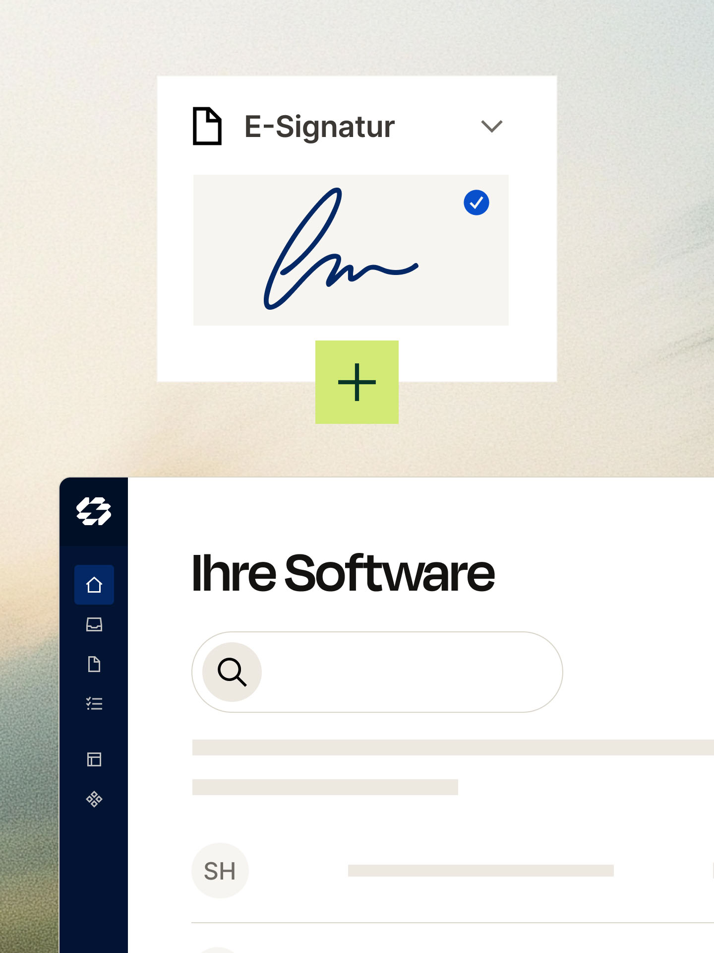 Benutzeroberfläche einer Software zeigt E-Signatur mit blauem Unterschrifts-Symbol und Suchleiste.