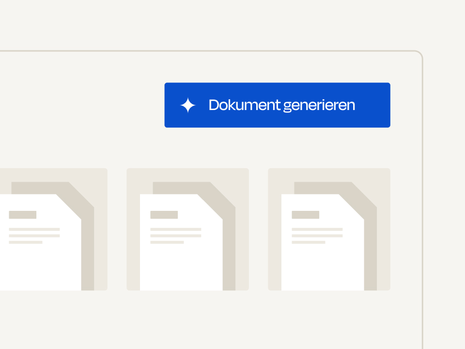 Drei Dokumentensymbole unter einem blauen Button mit der Aufschrift Dokument generieren.