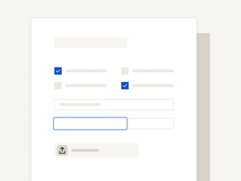 Benutzeroberfläche eines digitalen Formulars mit Kontrollkästchen, Eingabefeldern und Upload-Symbol.