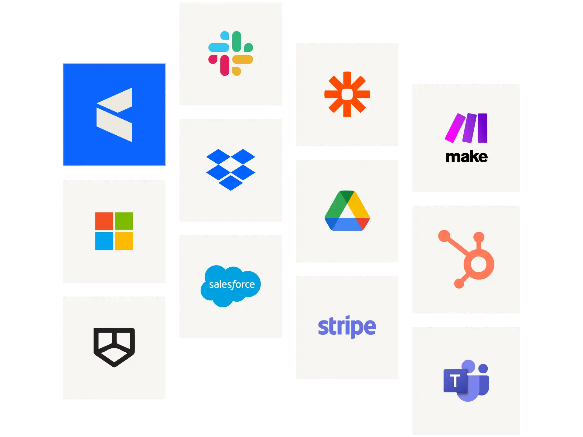 Logos verschiedener Software- und Cloud-Integrationen im Raster, darunter Atlassian, Slack, Zapier, Make, Microsoft, Dropbox, Google Drive, Salesforce, Stripe, HubSpot und Microsoft Teams.