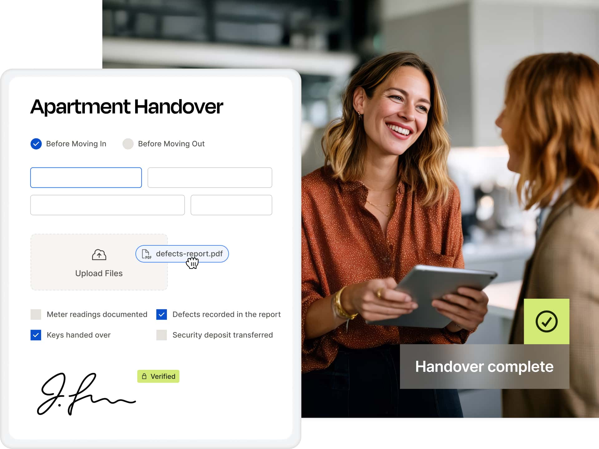 Two smiling women in a modern room; one is holding a tablet. Next to them is a digital apartment handover with options for documentation, file upload, and verification.