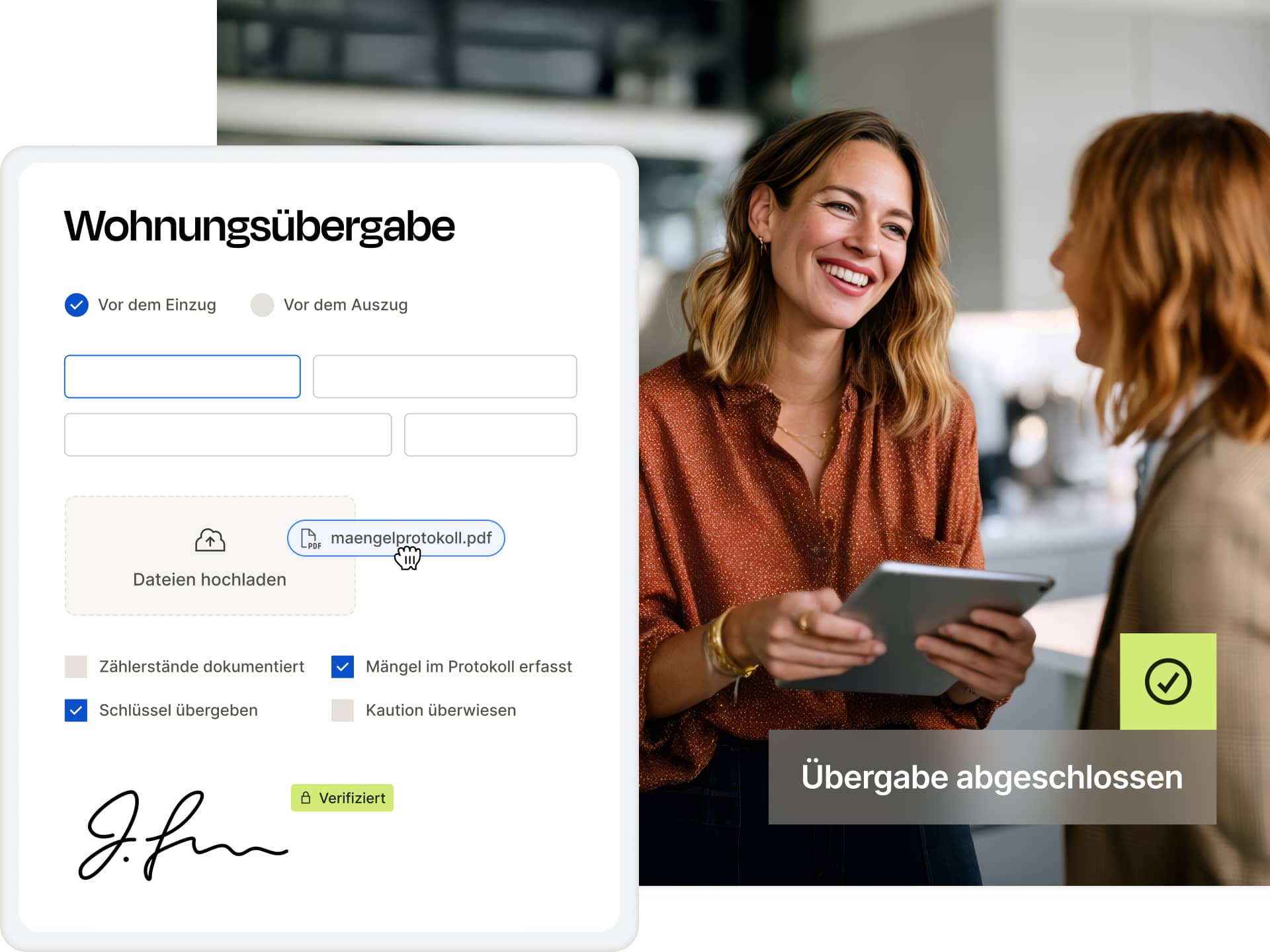 Zwei lächelnde Frauen in einem modernen Raum, eine hält ein Tablet; daneben eine digitale Wohnungsübergabe mit Optionen zur Dokumentation, Datei-Upload und Verifizierung.