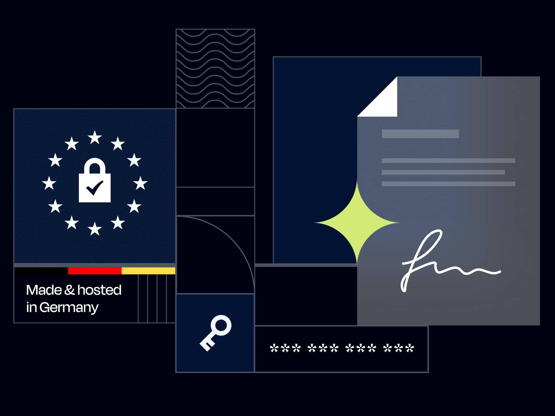 Illustration mit einem Schloss, das von Sternen eines Kreises umgeben ist, einem Dokument mit Unterschrift und einem Schlüssel, inklusive Text "Made & hosted in Germany" und Hinweis auf "Company ID".
