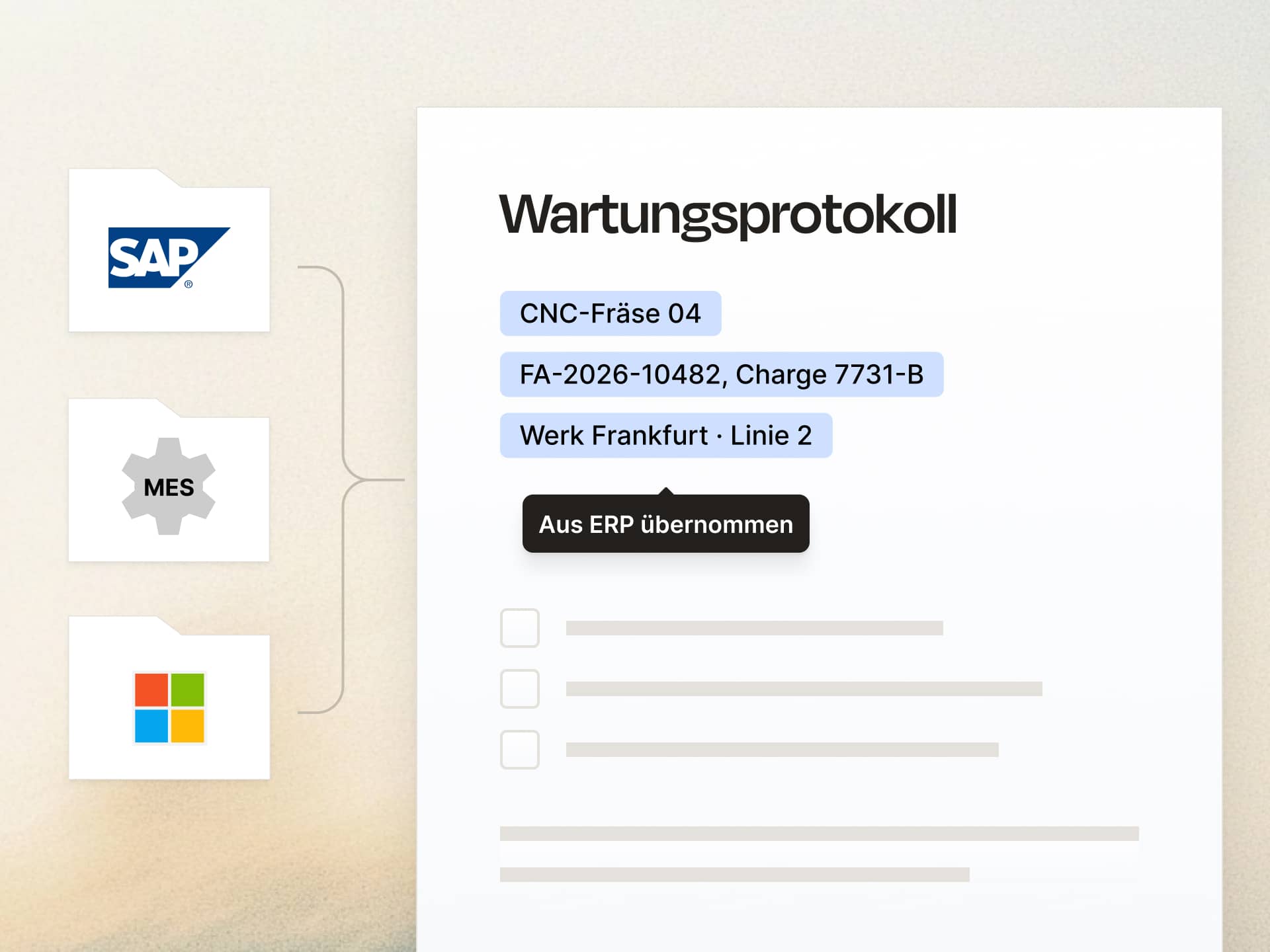 Diagramm zeigt Wartungsprotokoll mit Einträgen zu CNC-Fräse 04, FA-2026-10482, Charge 7731-B, Werk Frankfurt Linie 2, mit Hinweis 'Aus ERP übernommen' neben Logos von SAP, MES und Microsoft.