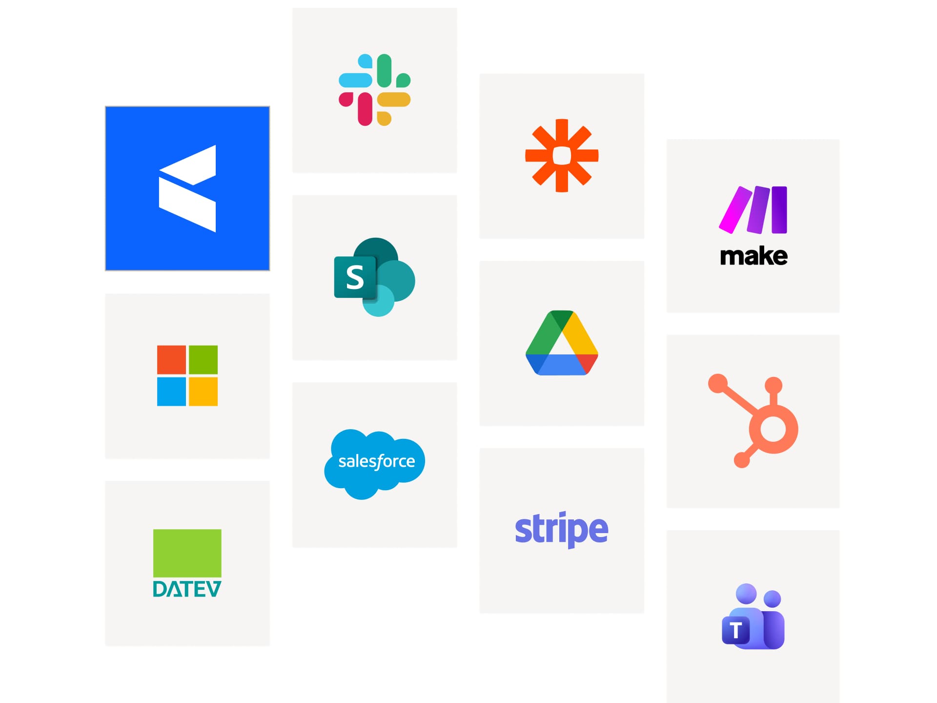 Vertrag mit Hinweis „Aus CRM übernommen“ neben Logos von CRM, Zapier, Make und API.