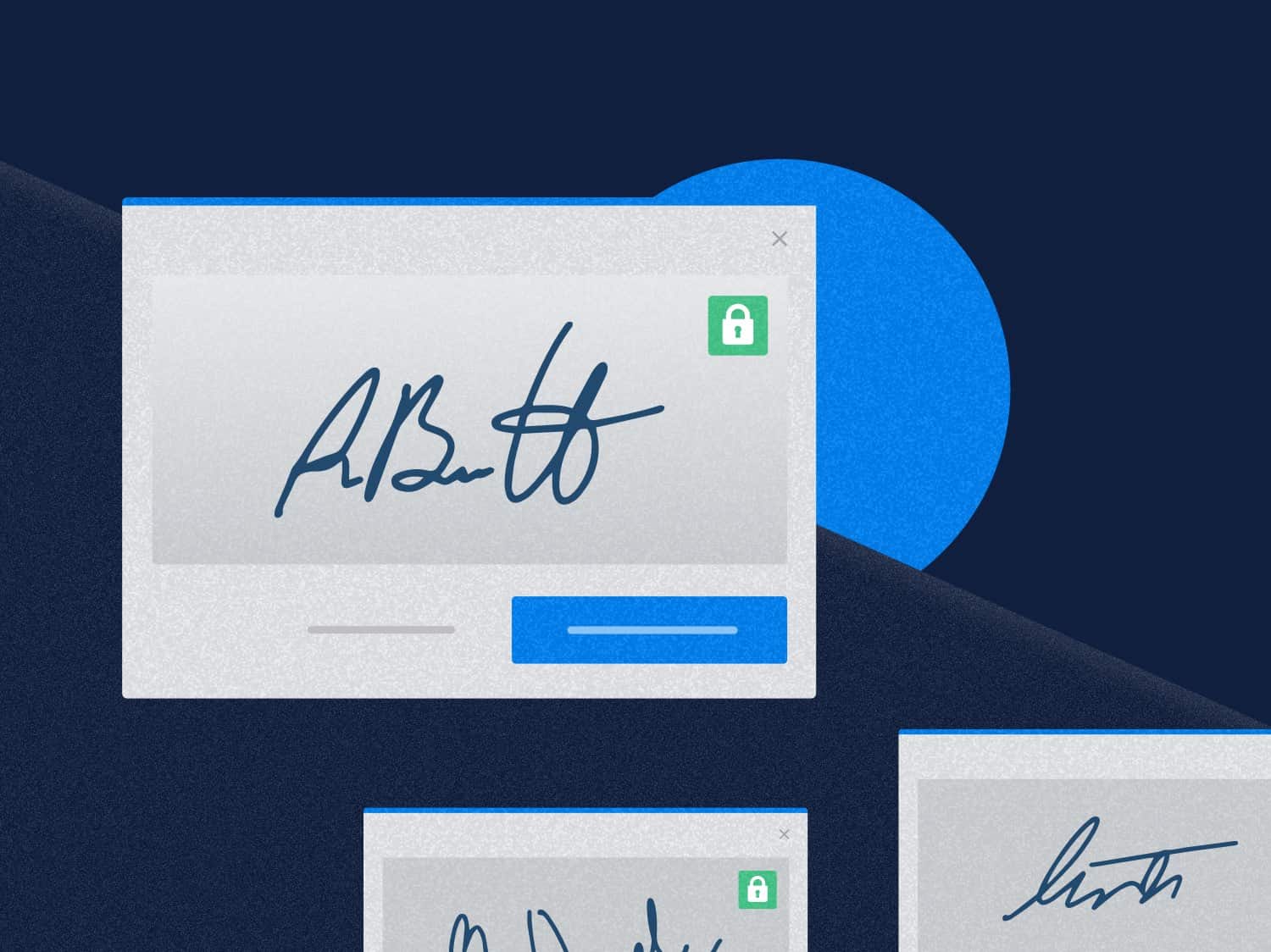 Drei digitale Felder für Signaturen, die mit Unterschriften versehen sind.