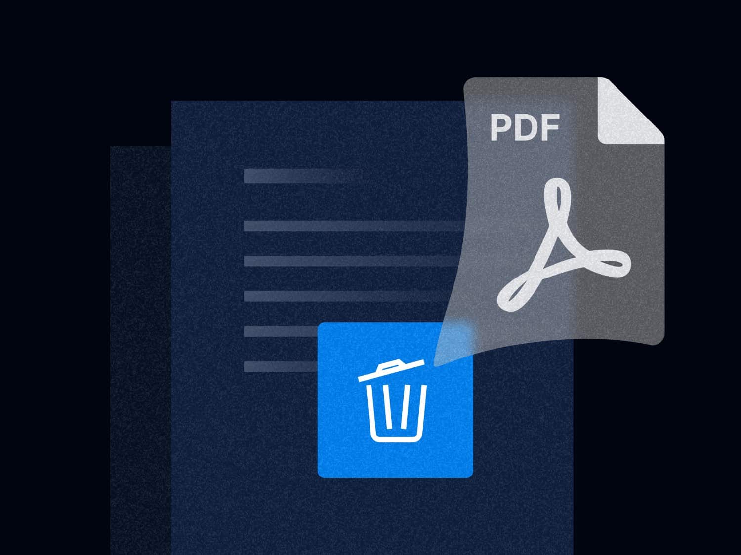 Ein abstrakt dargestelltes Dokument. Darüber liegt das Logo für PDF Dateien, welche in einen Computer Papierkorb gezogen wird.