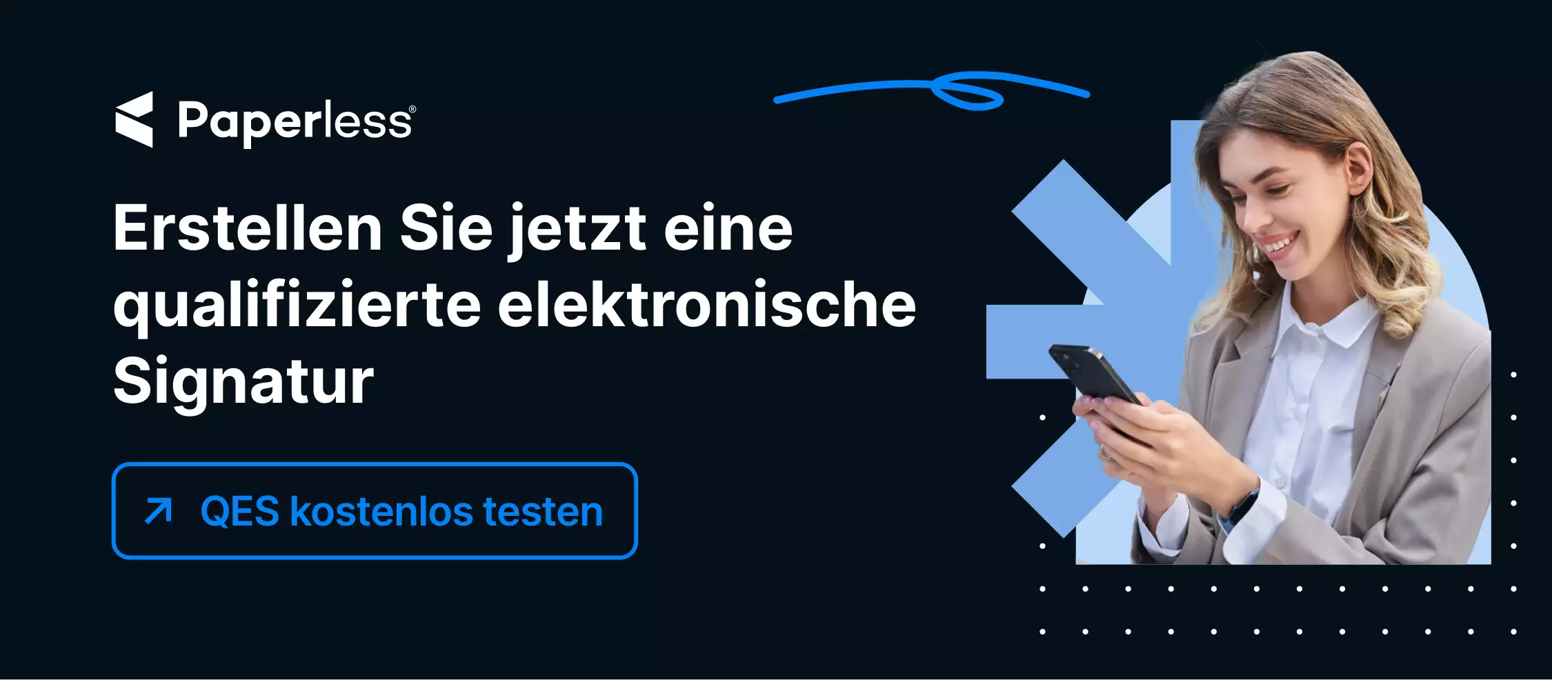 Anzeigenbanner von Paperless bewirbt die sichere QES mit einem 14-tägigen kostenlosen Testangebot; Frau am Laptop lächelnd.