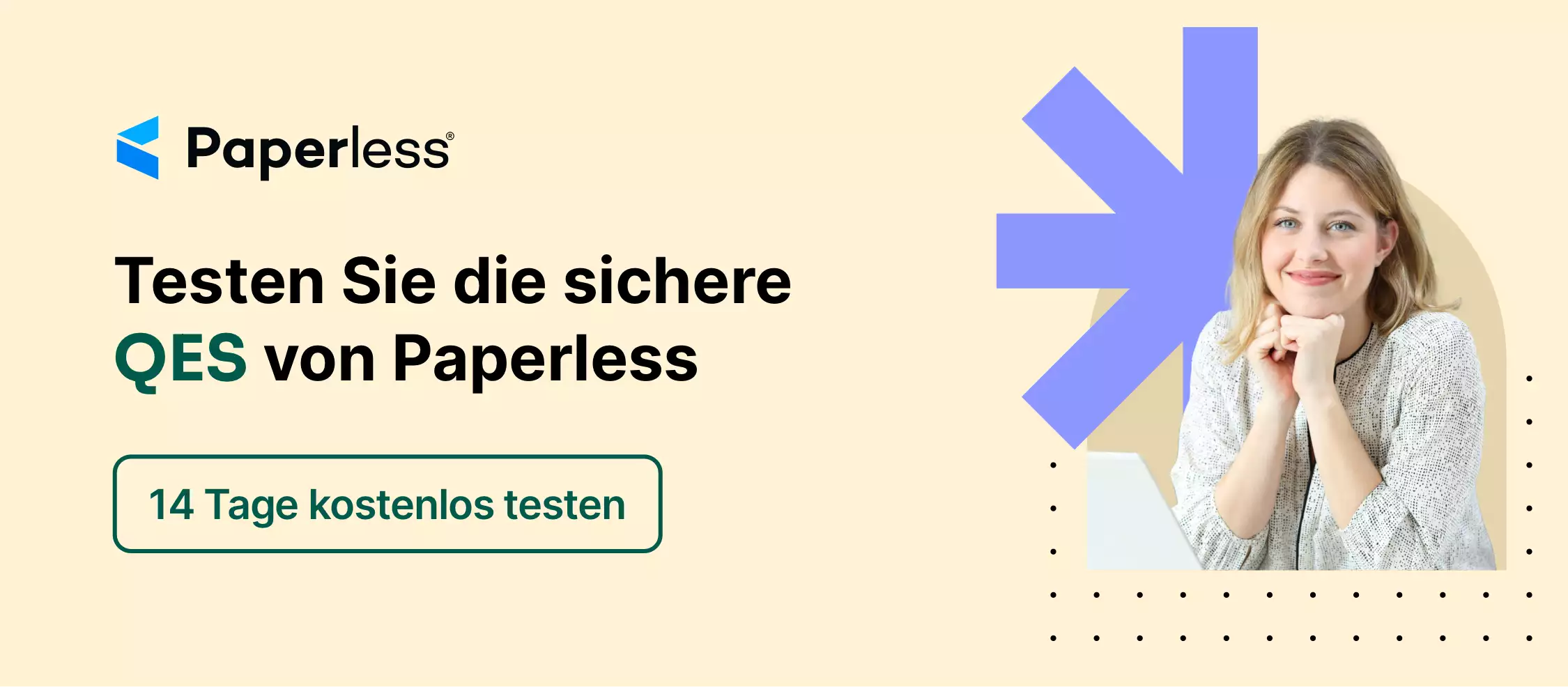 Anzeigenbanner von Paperless zur Erstellung einer qualifizierten elektronischen Signatur, mit einer Frau am Smartphone und Schaltfläche “QES kostenlos testen”.