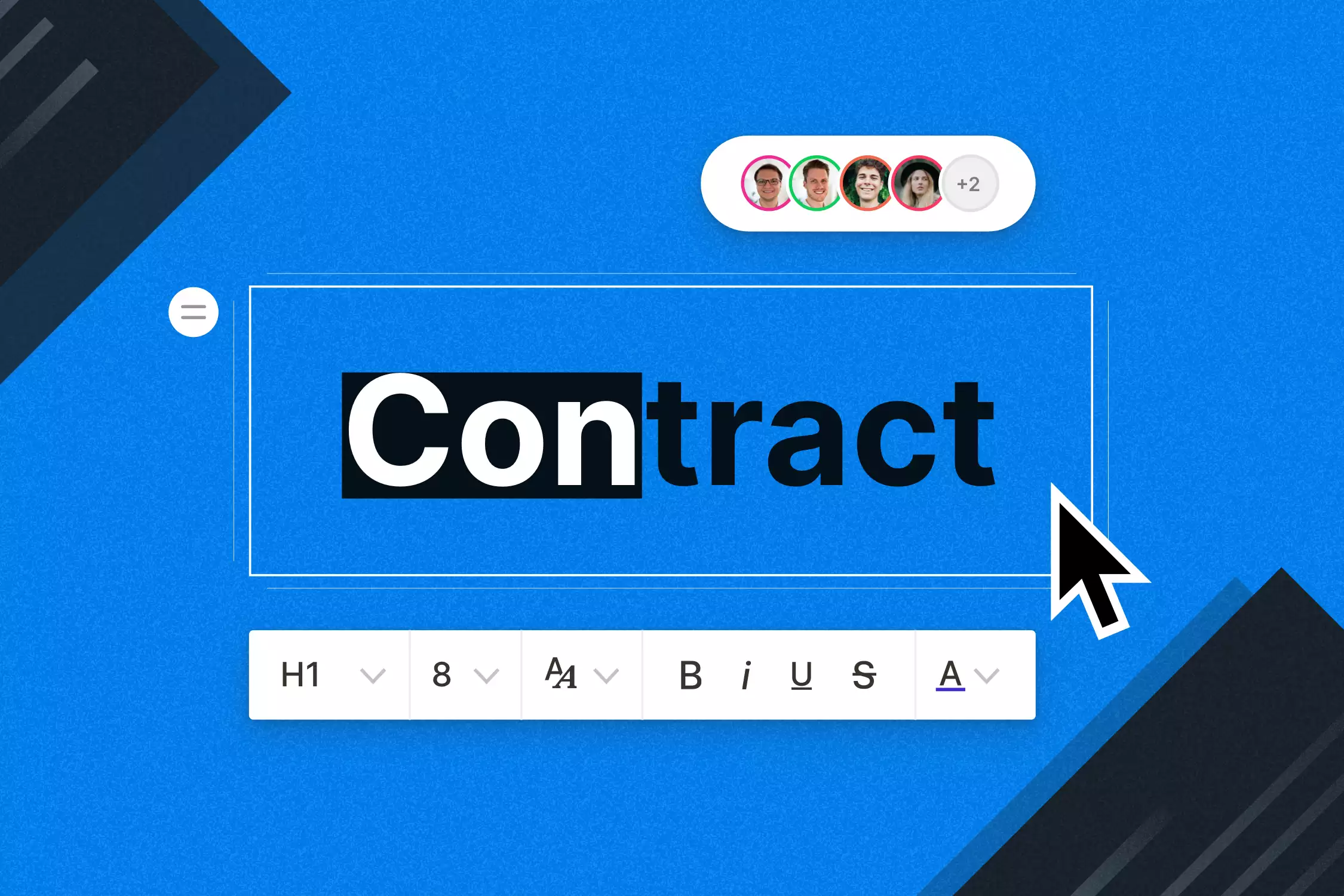 Geschrieben ist das Wort "Contract" was über einen Editor in Bearbeitung steckt. Eine Leiste liefert Möglichkeiten das Wort auf Größe, Ausrichtung und Farbe anzupassen. Ergänzend eine Aktivitätsübersicht von den Nutzern die an diesem Projekt arbeiten.