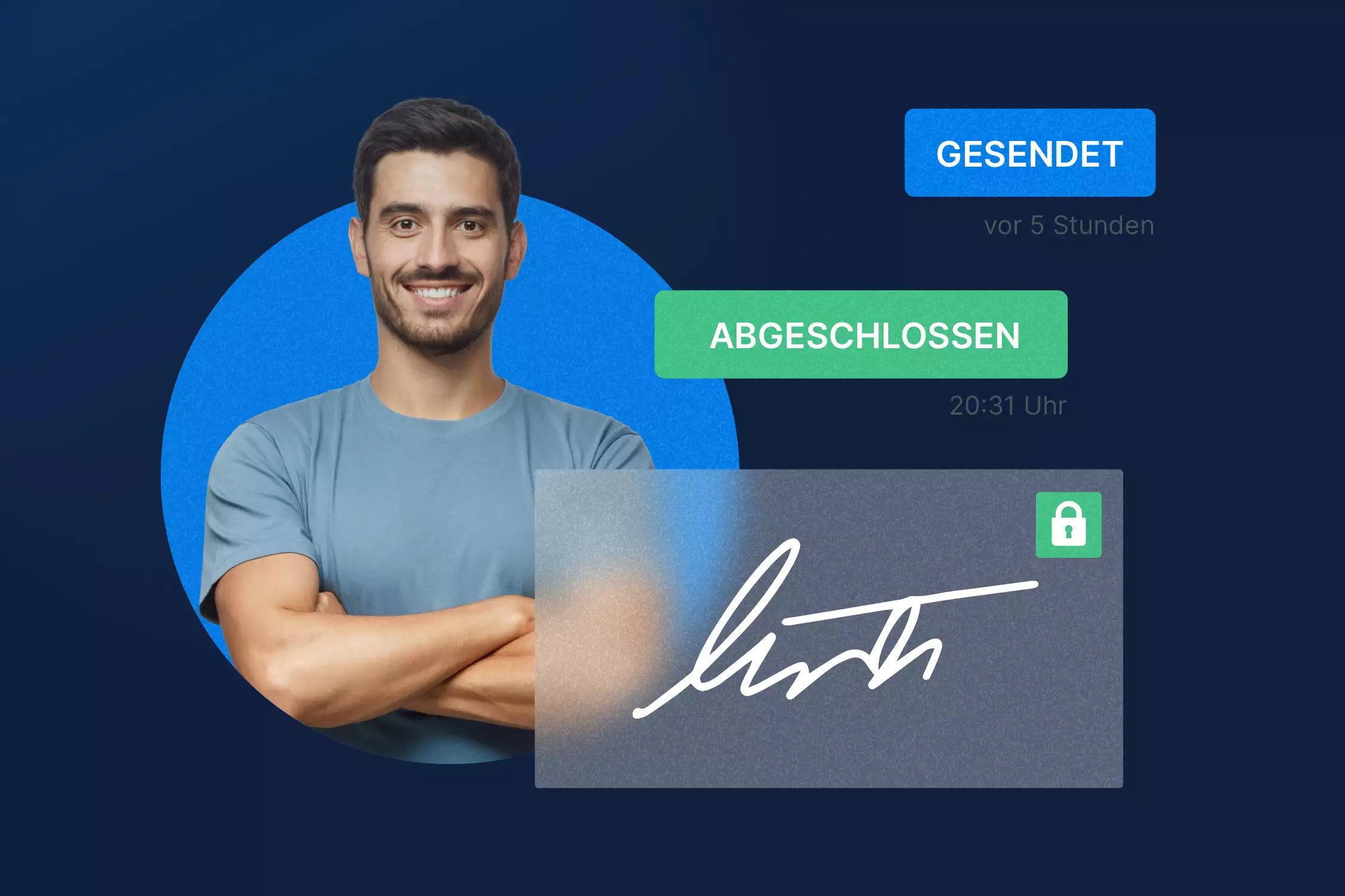 Ein zufriedener Nutzer. Status Updates, die erkennen lassen ob ein Prozess abgeschlossen oder fortlaufend ist. Ein ausgefülltes Unterschriftsfeld.